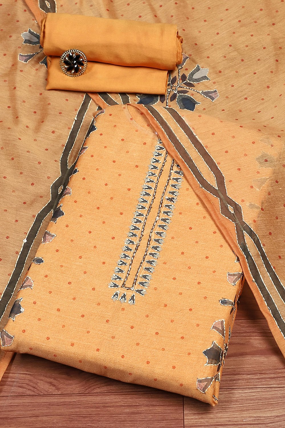 Yellow Chanderi Printed Unstitched Suit Set image number 0