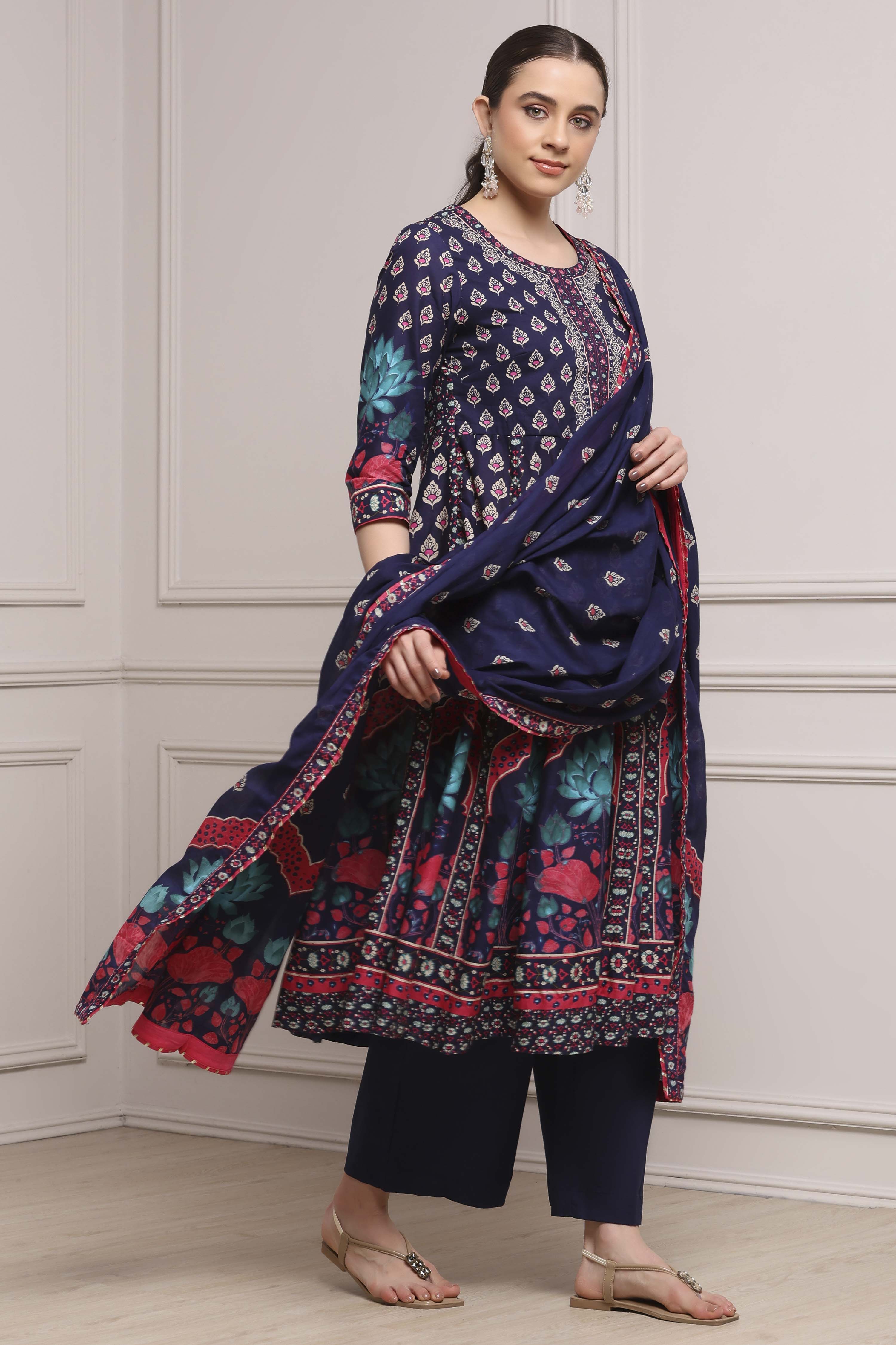 Navy Cotton Anarkali Printed Suit Set image number 5