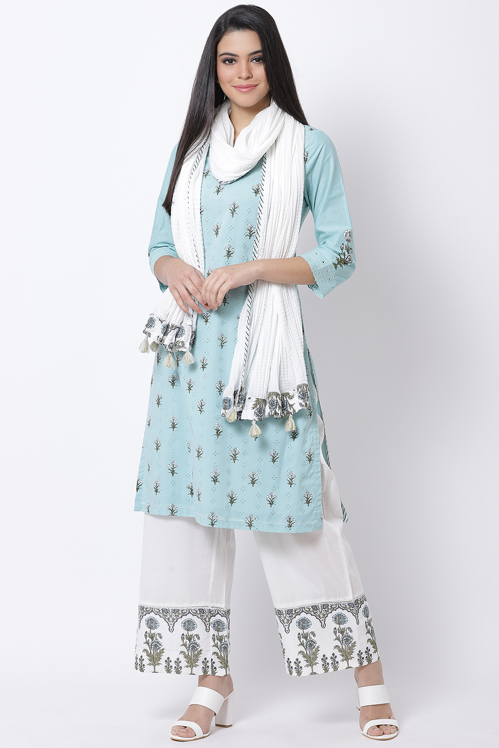 Sea Green Cotton Straight Kurta Palazzo Suit Set image number 2
