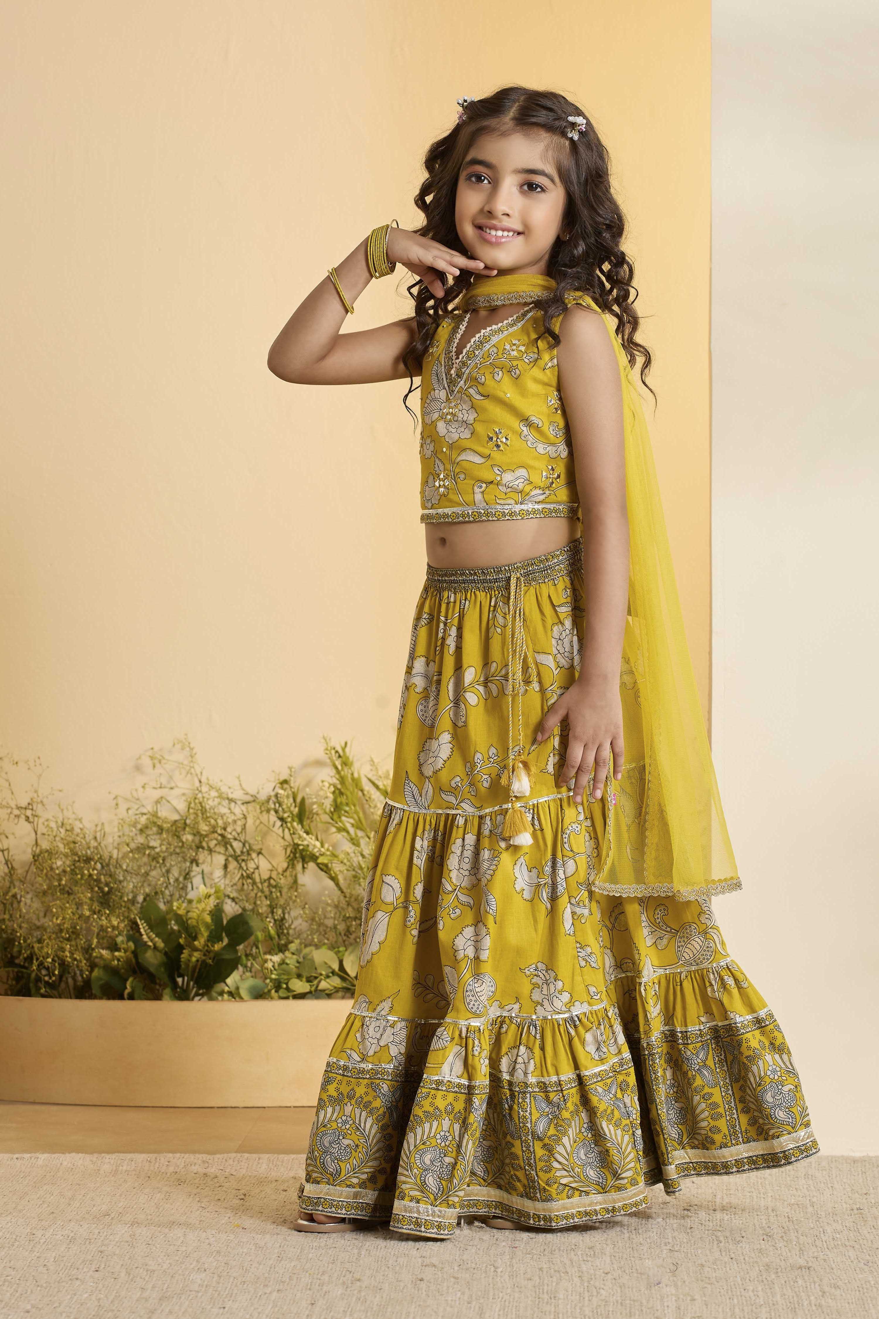 Yellow Cotton Floral Gathered Lehenga Set image number 3
