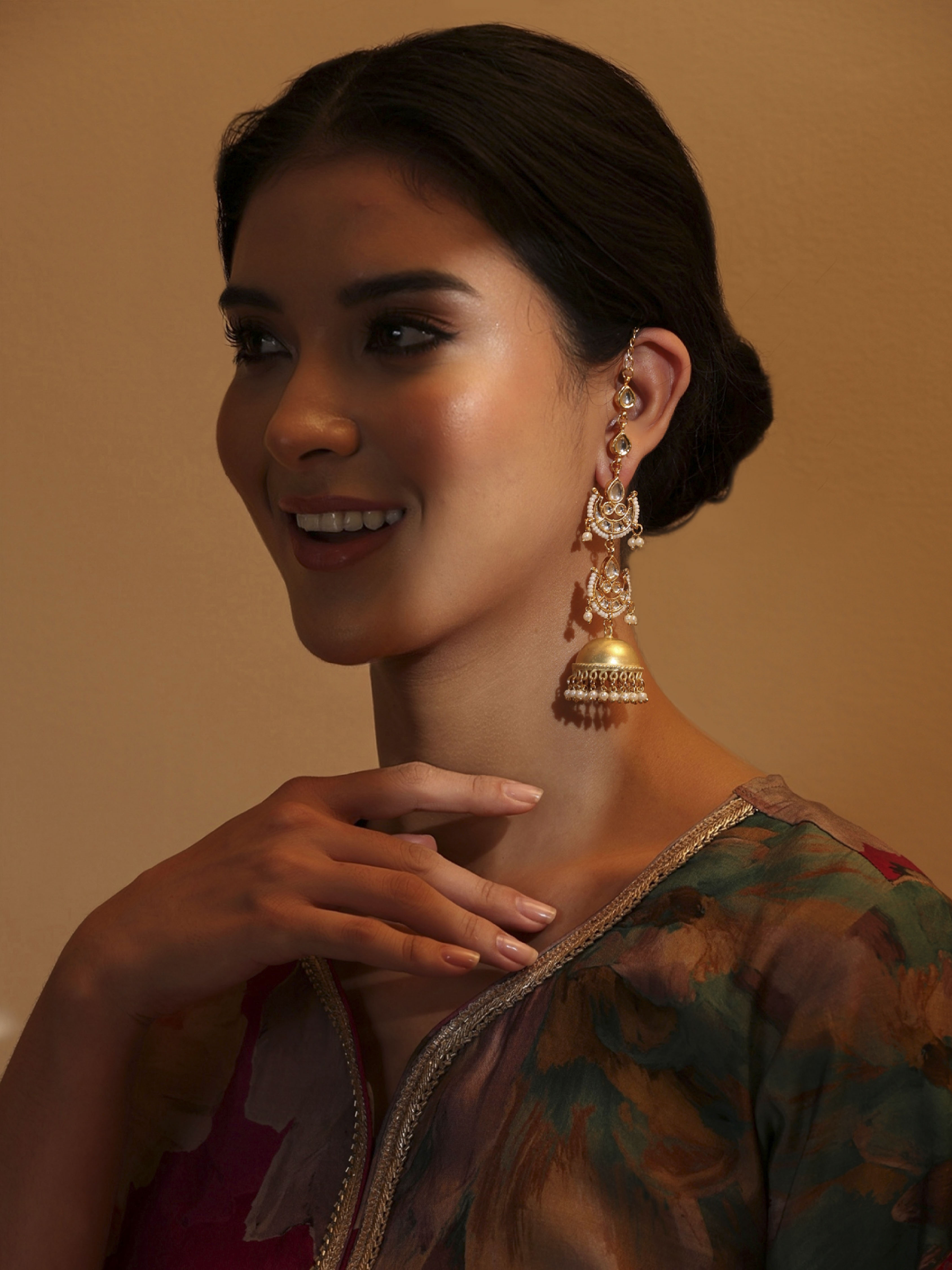 White Gold Plated Brass Kaanchain Earrings image number 3