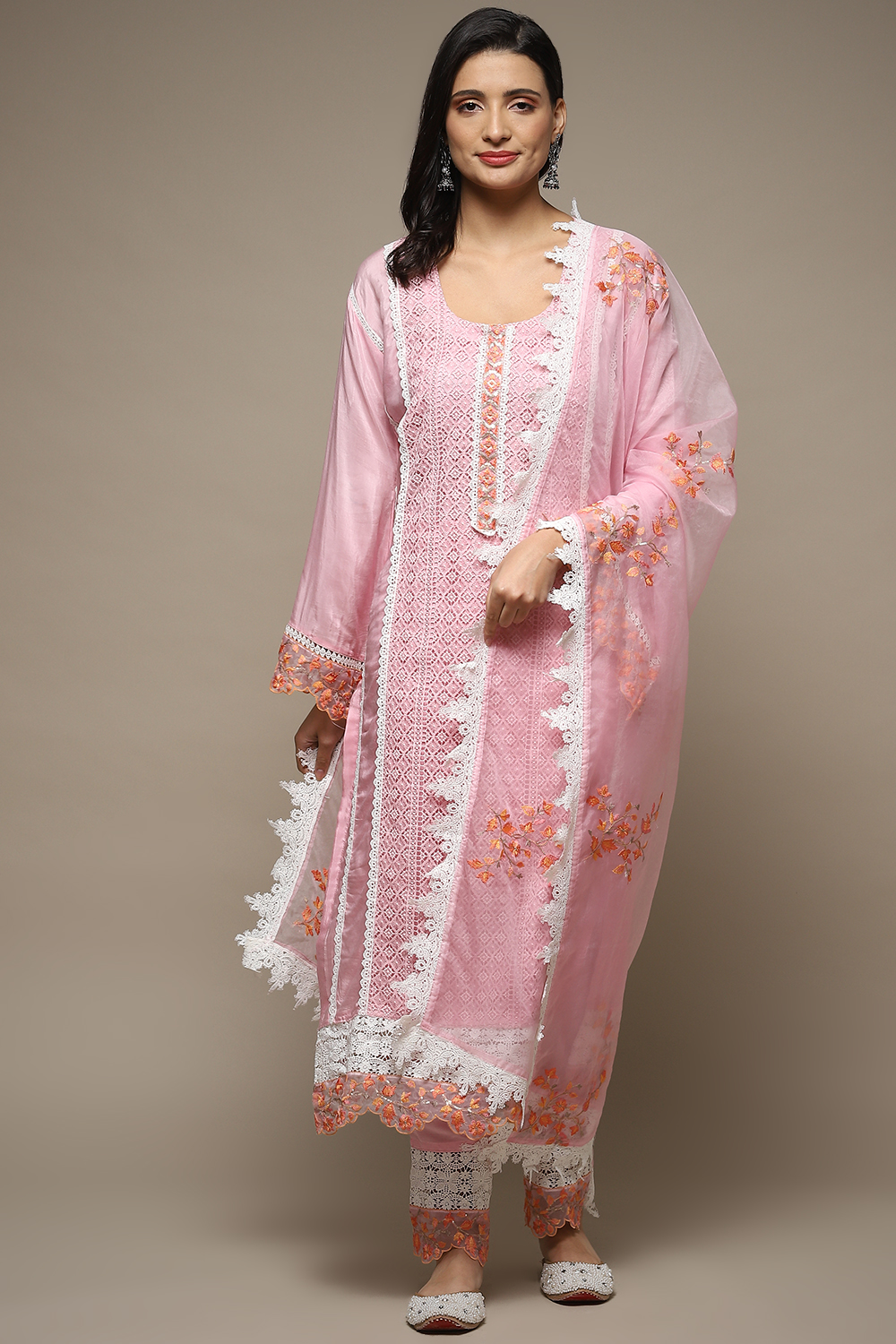 Light Pink Muslin Lace Unstitched Suit Set image number 8