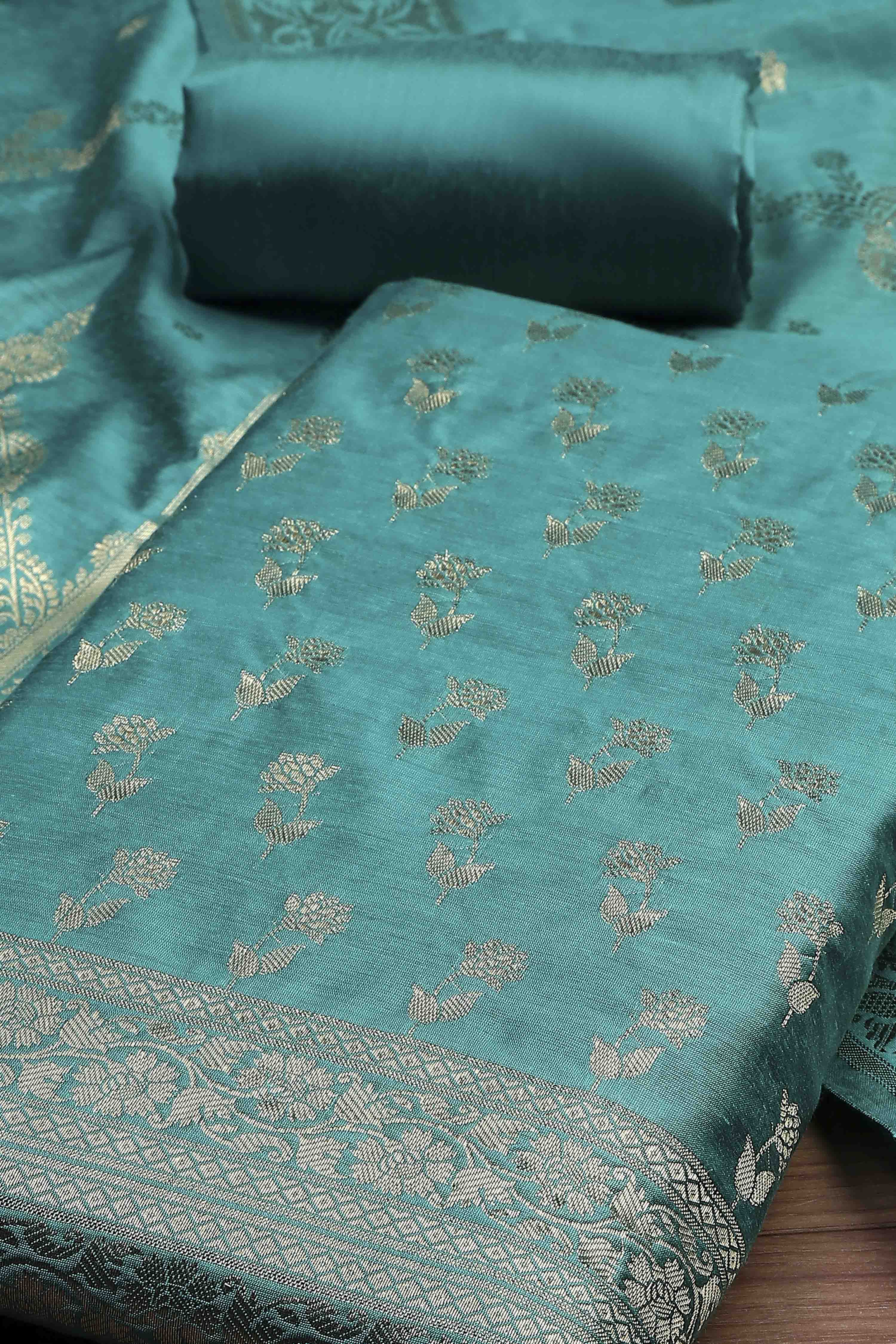 Turquoise Cotton Printed Embroidered Unstitched Suit Set image number 1