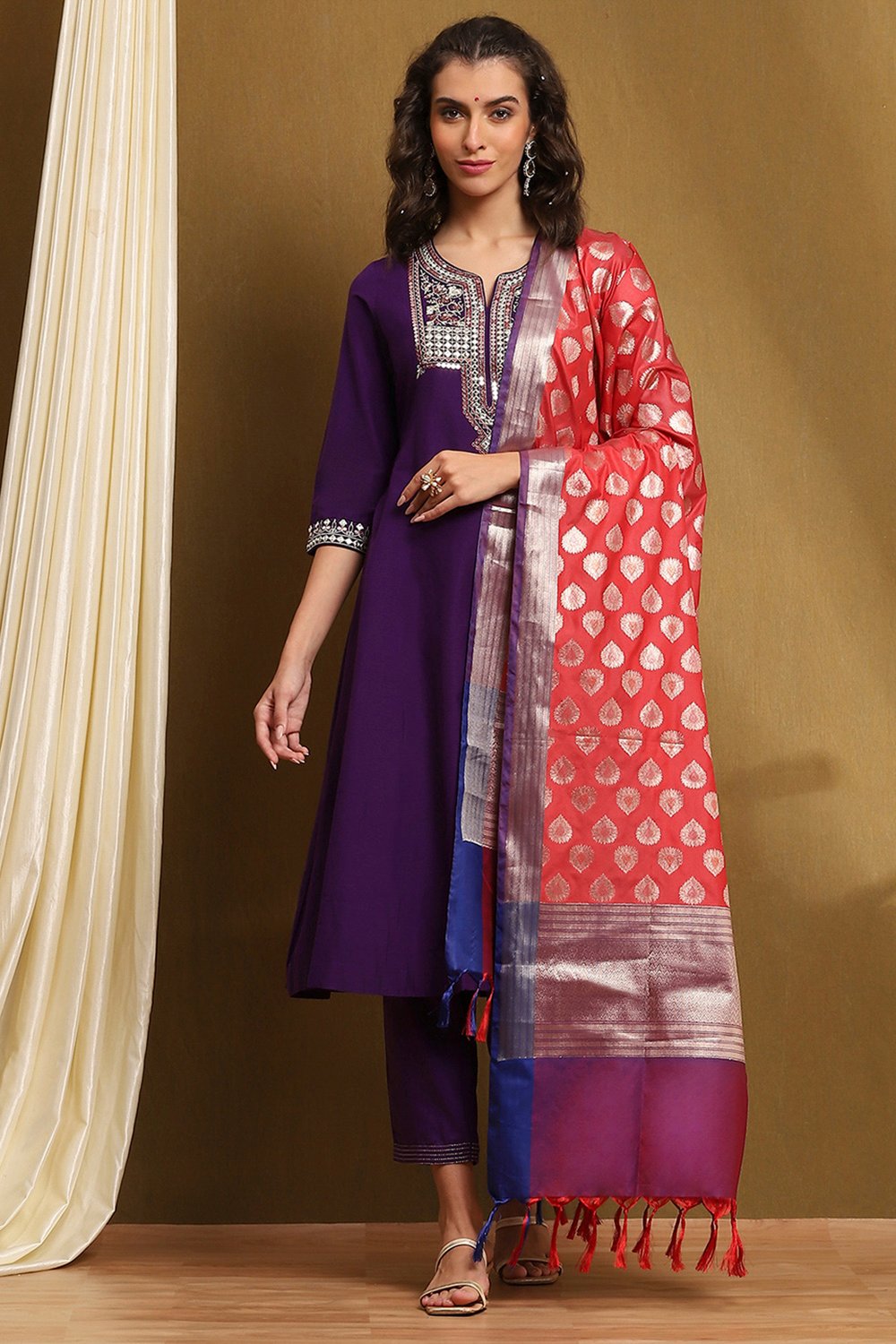 Purple Embroidered Kalidar Suit Set image number 7