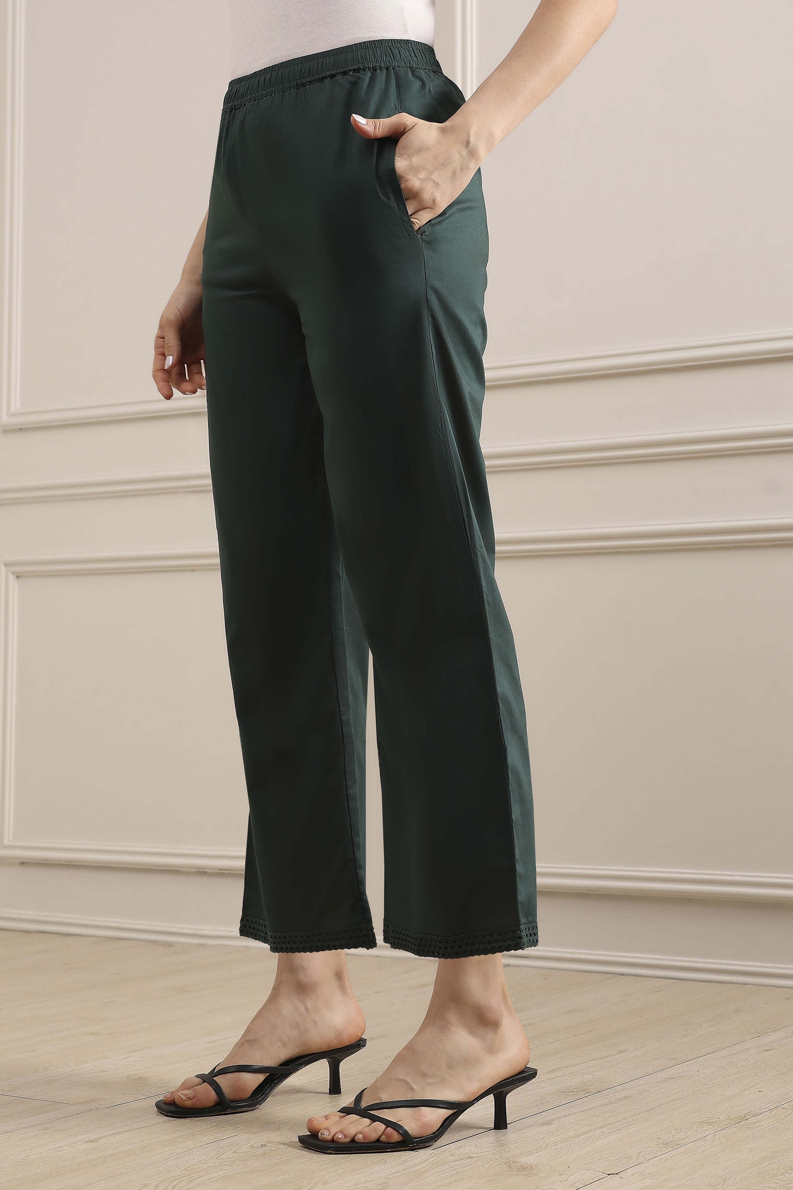 Green Cotton Flared Dyed Palazzo Pants image number 0