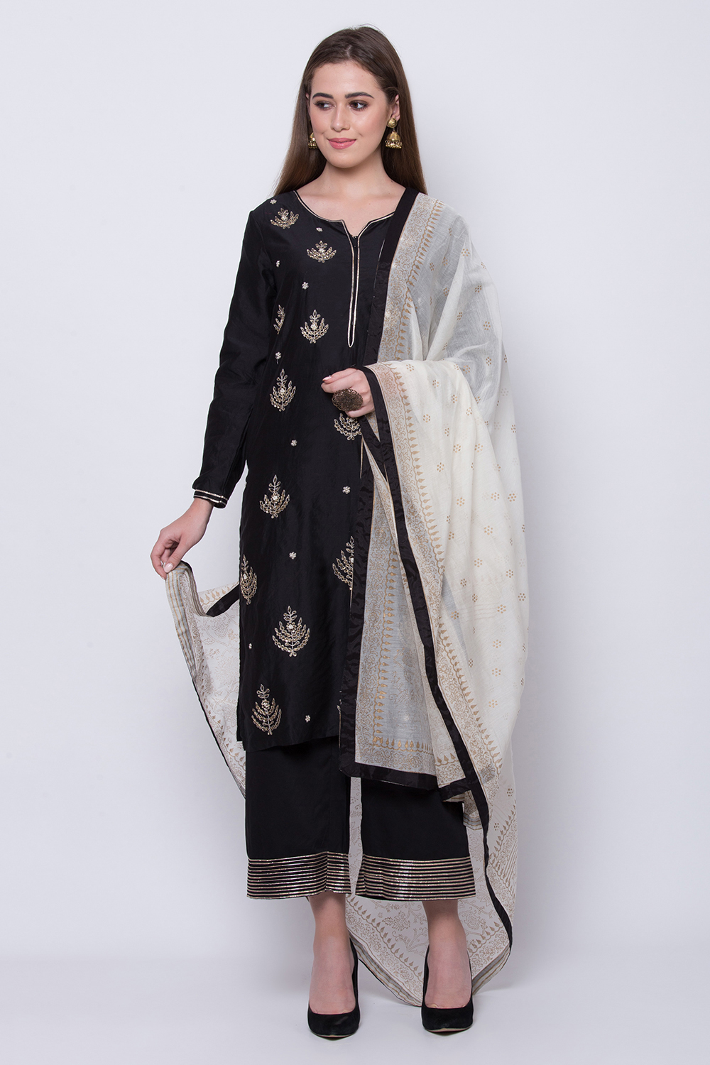 Black Cotton Silk Straight Kurta Palazzo Suit Set image number 0