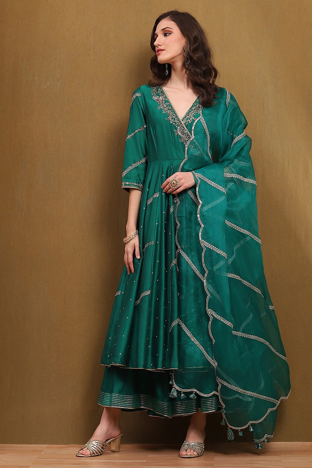 Green Embroidered Angrakha Festive Anarkali Suit Set image number 0