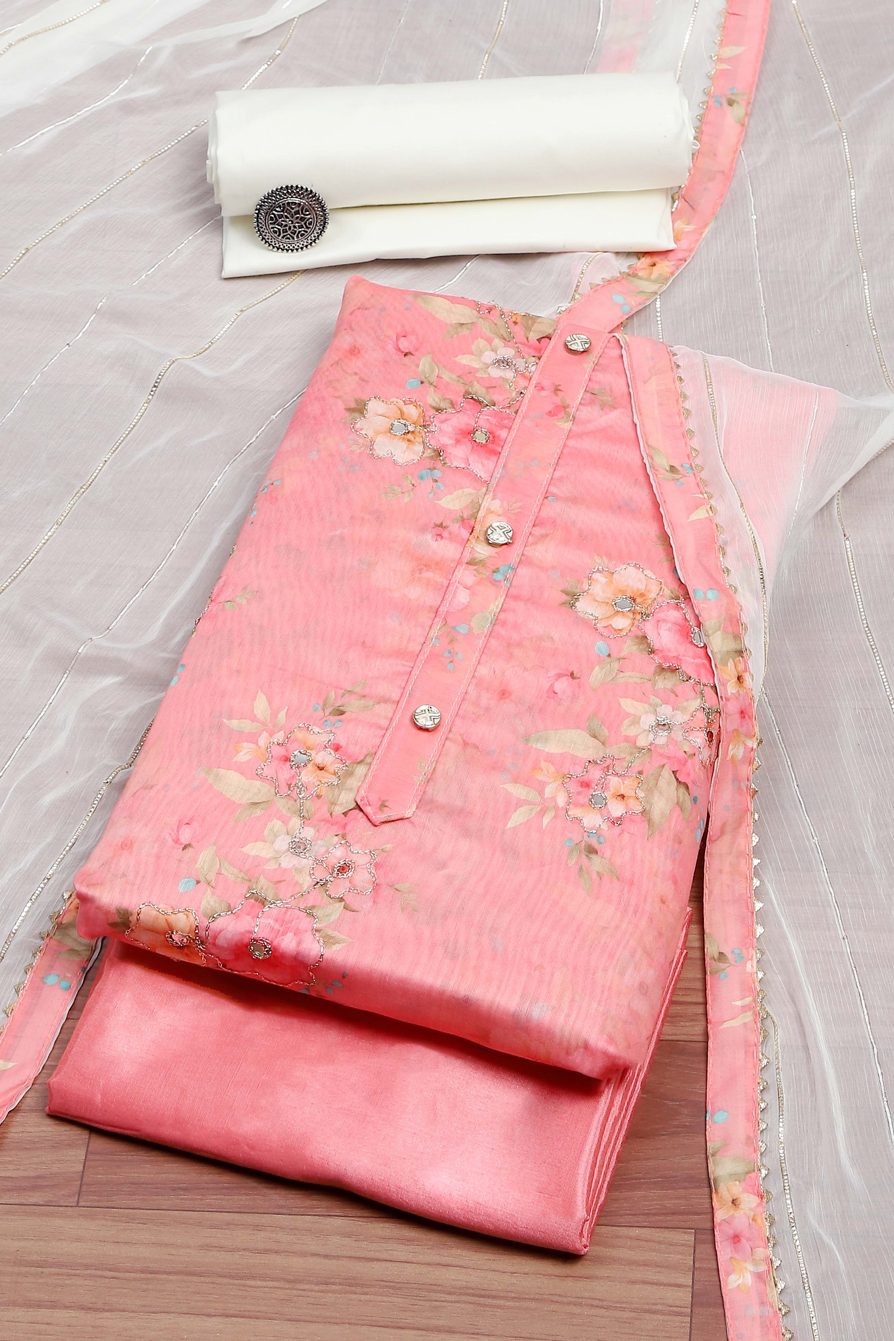 Peach Chanderi  Printed Unstitched Suit Set image number 0