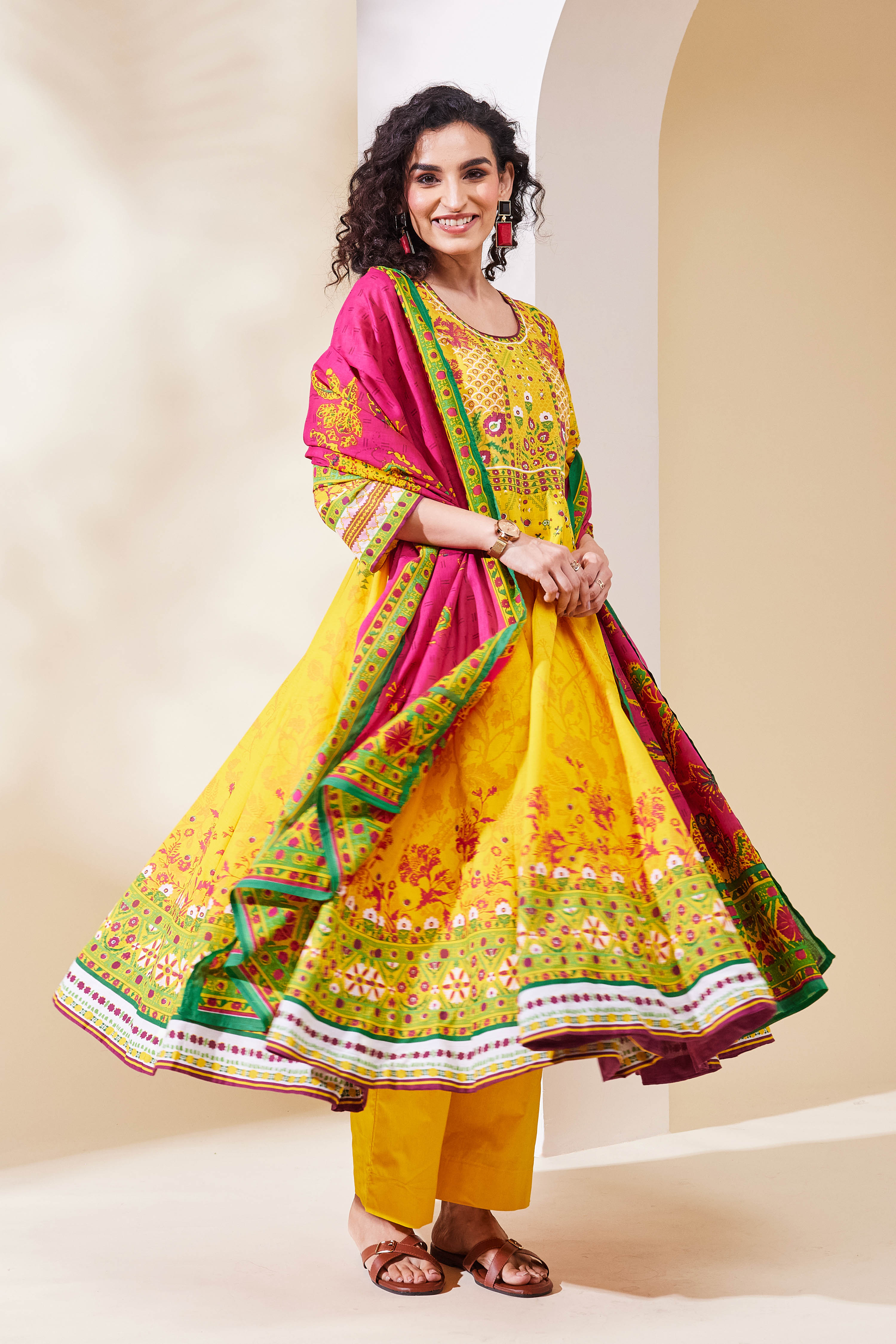 Yellow Cotton Anarkali Suit Set image number 5