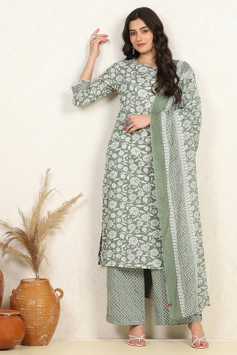 Mustard Cotton Screen Print Unstitched Suit Set image number 1