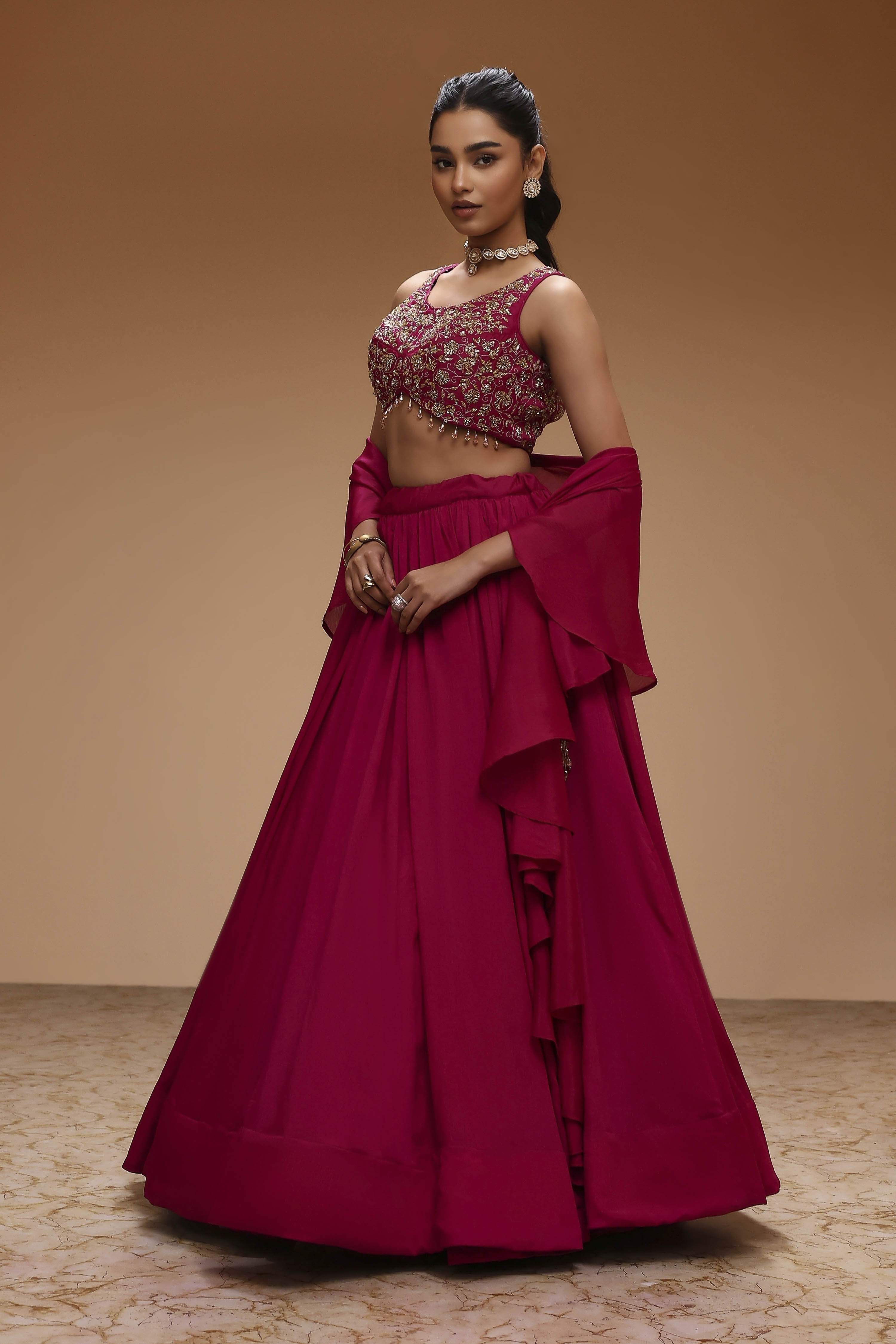 Berry Pink Pure Chinnon Hand Embroidered Lehenga Set image number 3