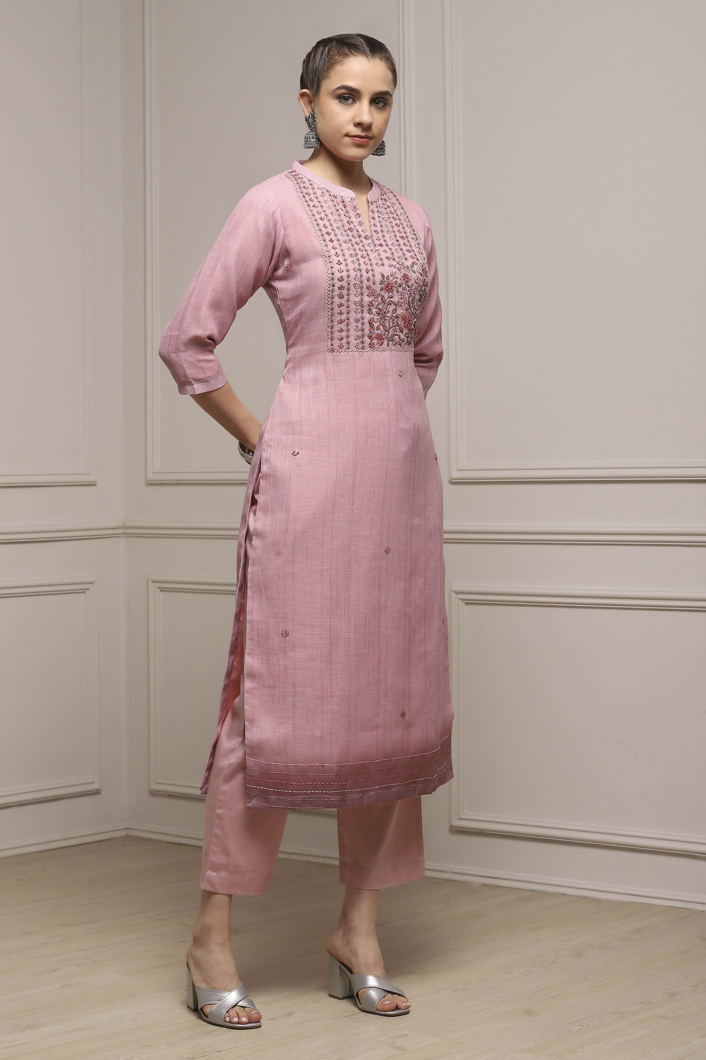 Pink Linen Blend Hand Embroidered Unstitched Suit Set image number 6