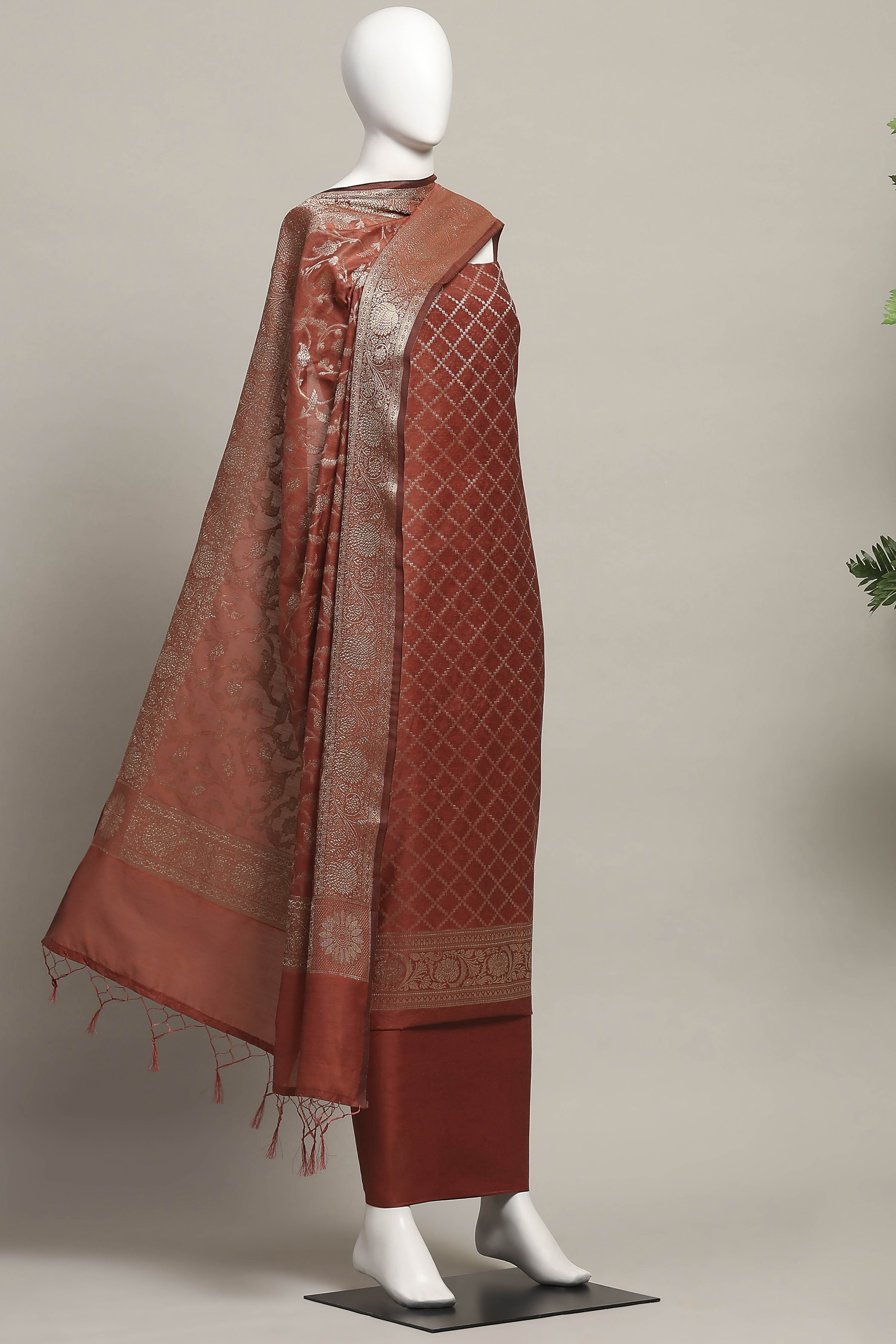 Peach Cotton Printed Embroidered Unstitched Suit Set image number 4