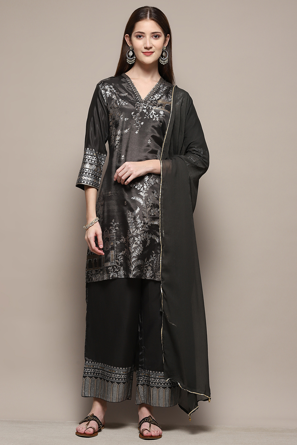 Sage Green Art Silk Straight Kurta Palazzo Suit Set image number 7