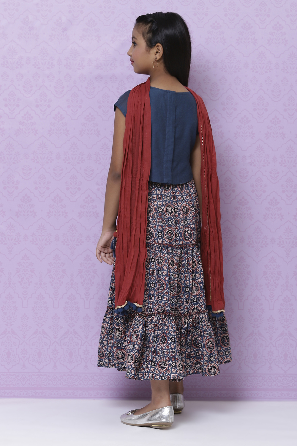 Teal Poly Cotton Girls Lehenga Set image number 8