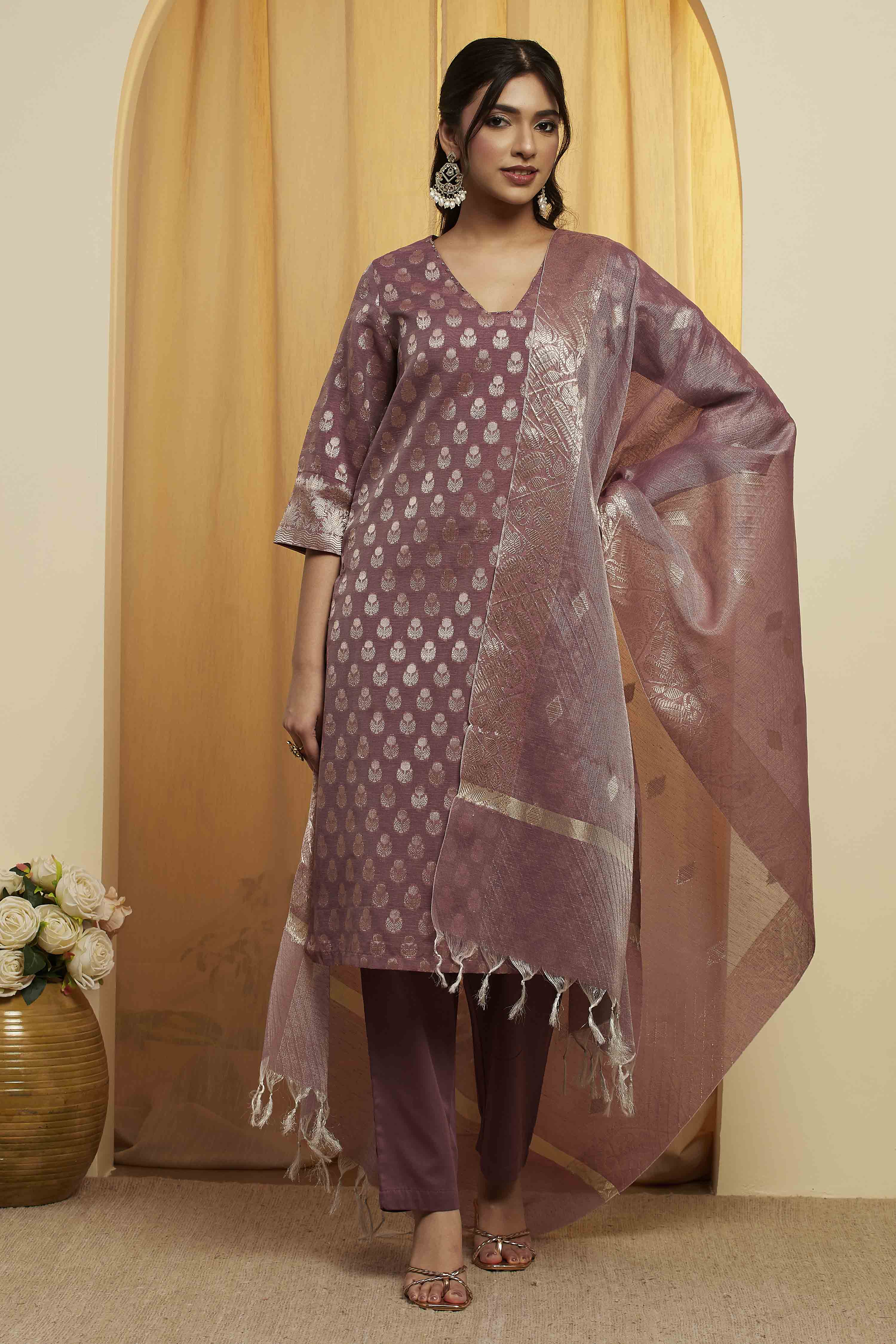 Grey Polyester Straight Suit Set image number 6