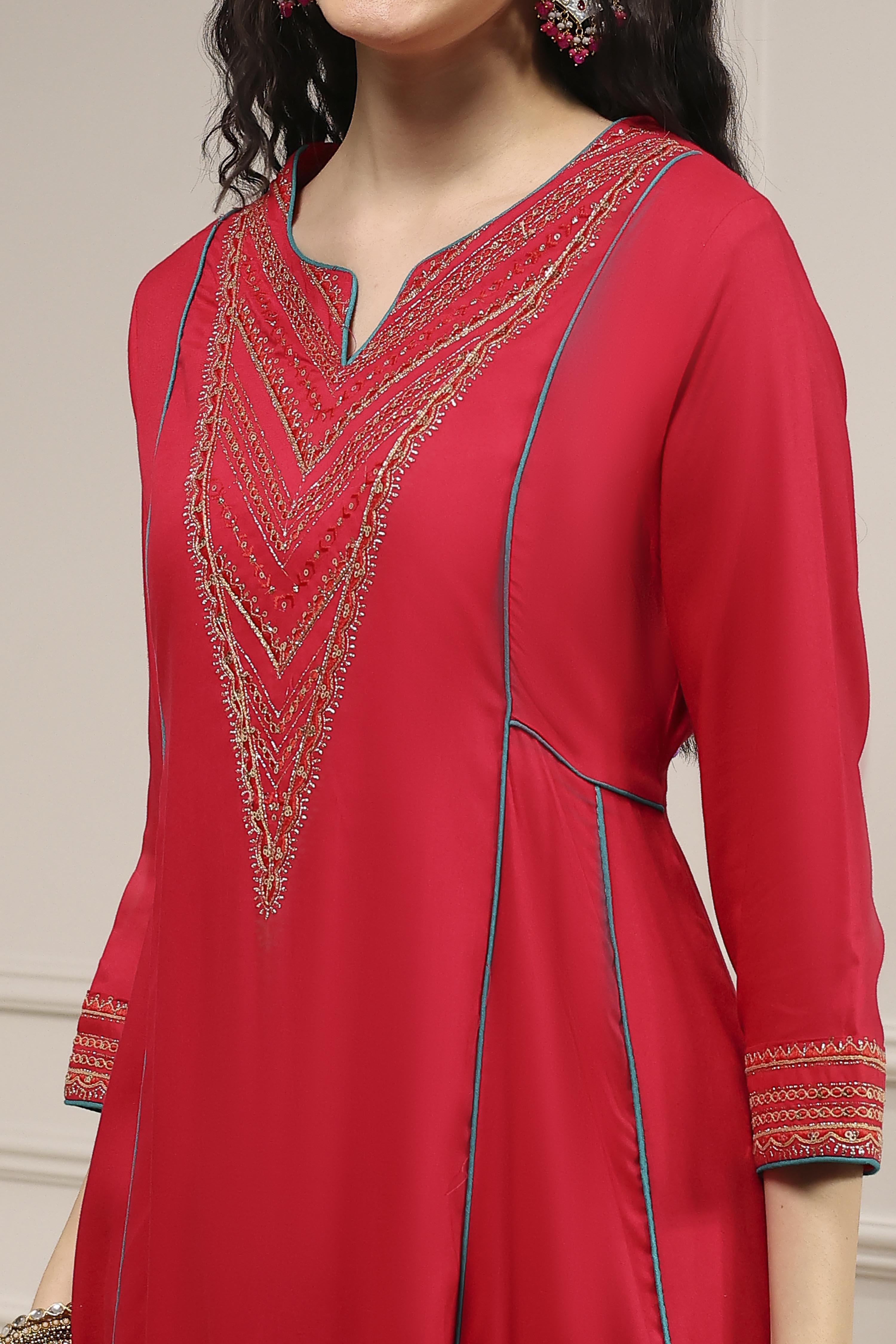 Red Viscose Rayon Straight Solid Suit Set image number 1