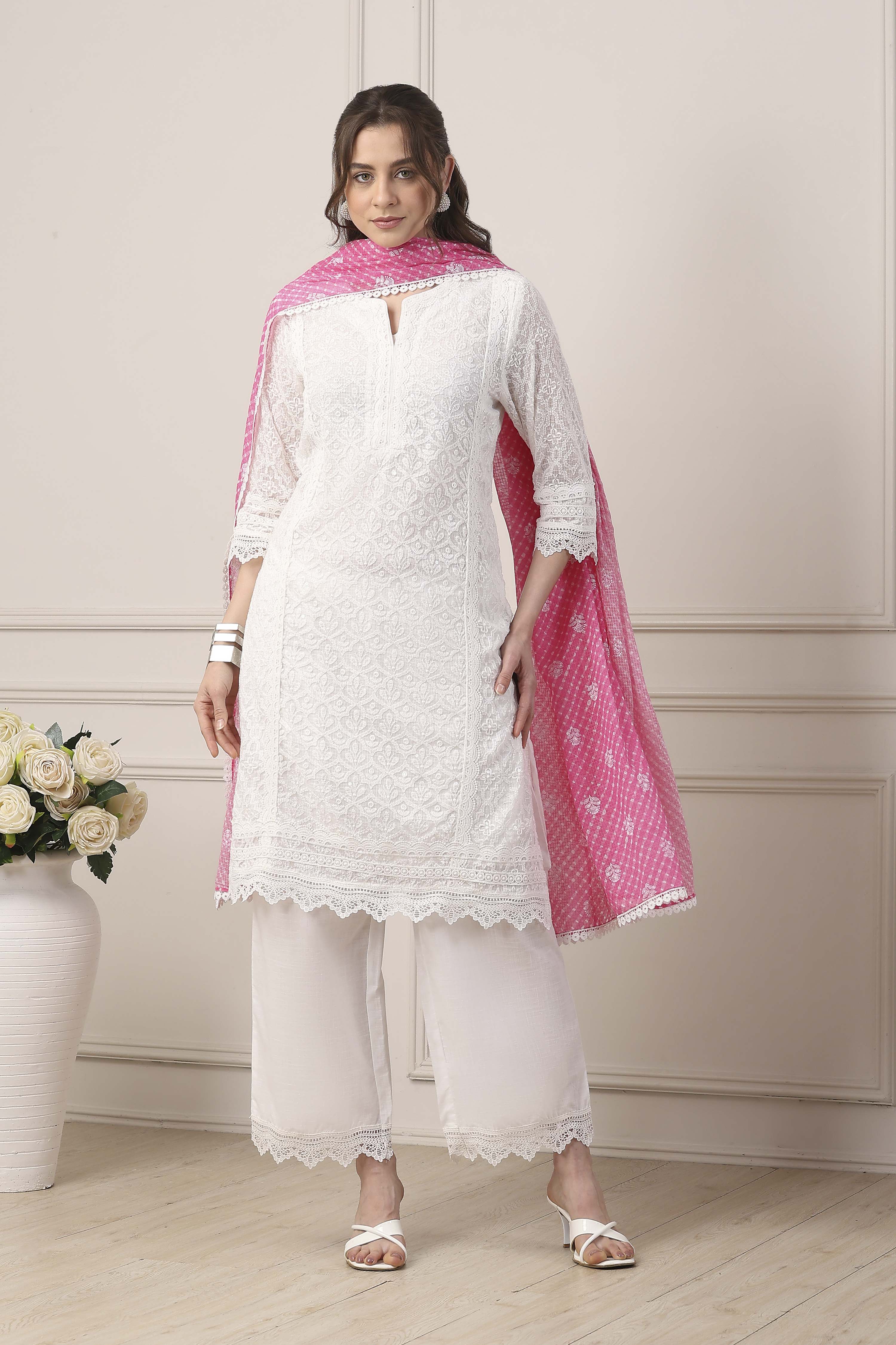 White Cotton Lace Embroidered Straight Suit Set image number 0