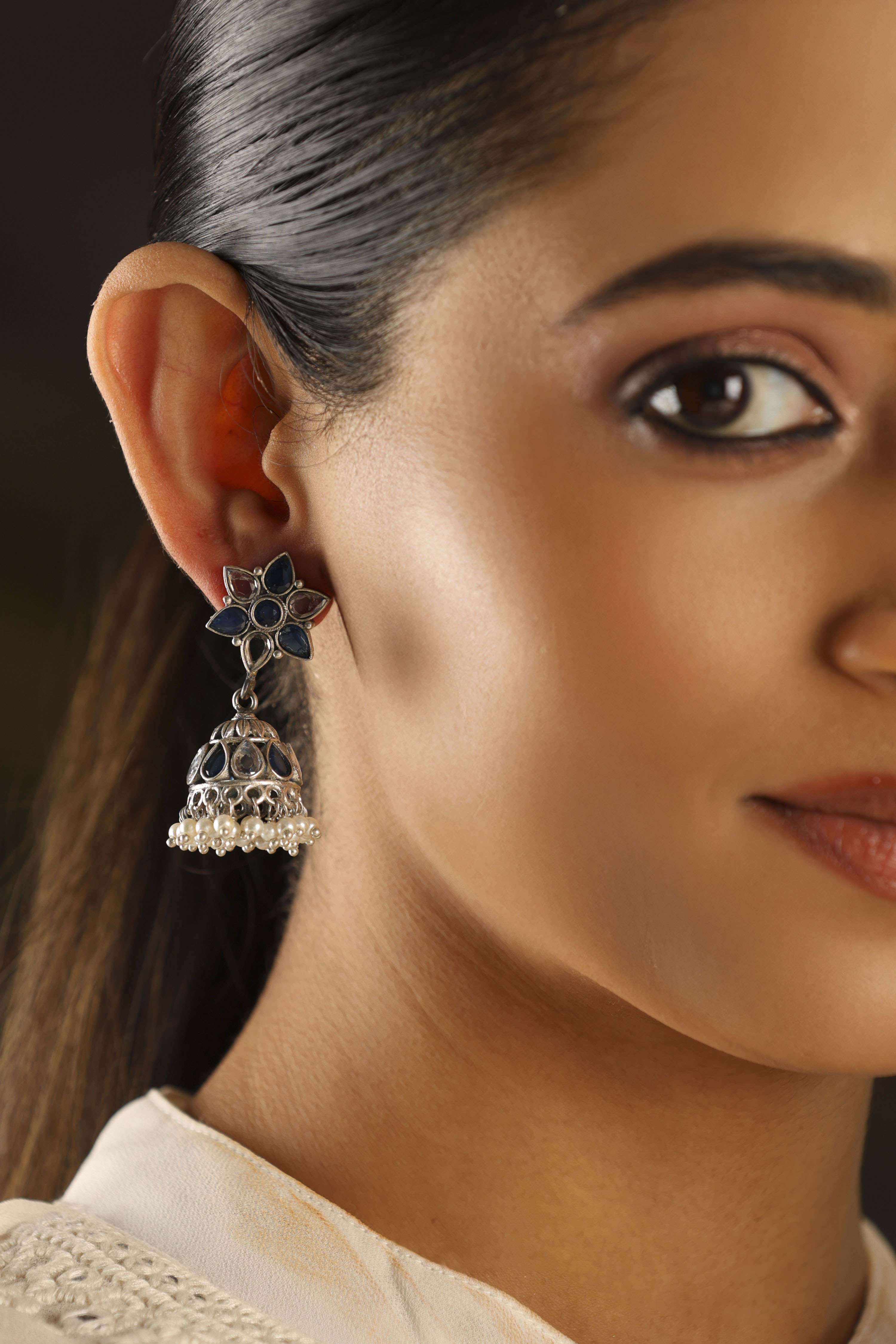 Navy White Brass Jhumkas image number 1