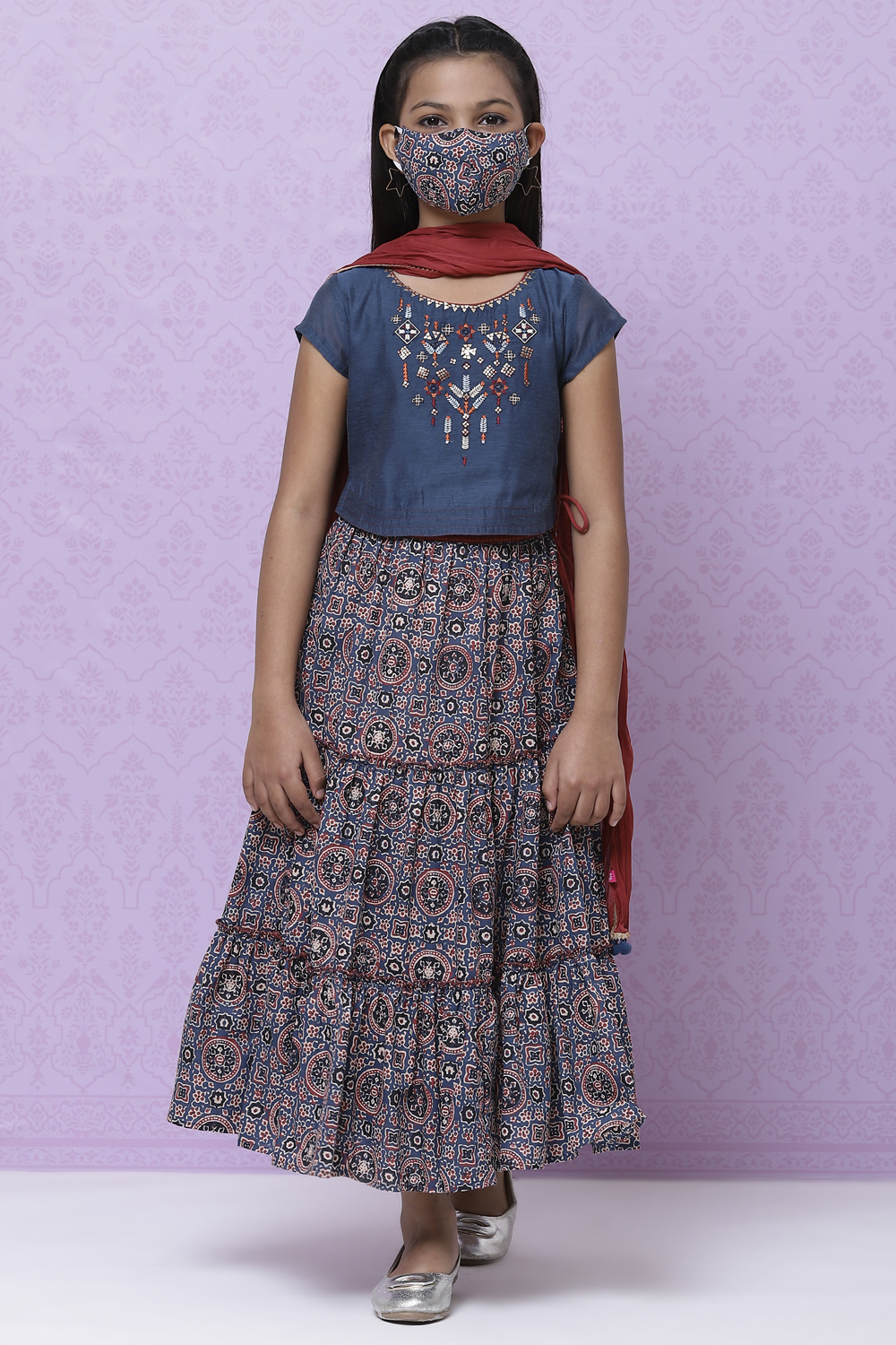 Teal Poly Cotton Girls Lehenga Set image number 4