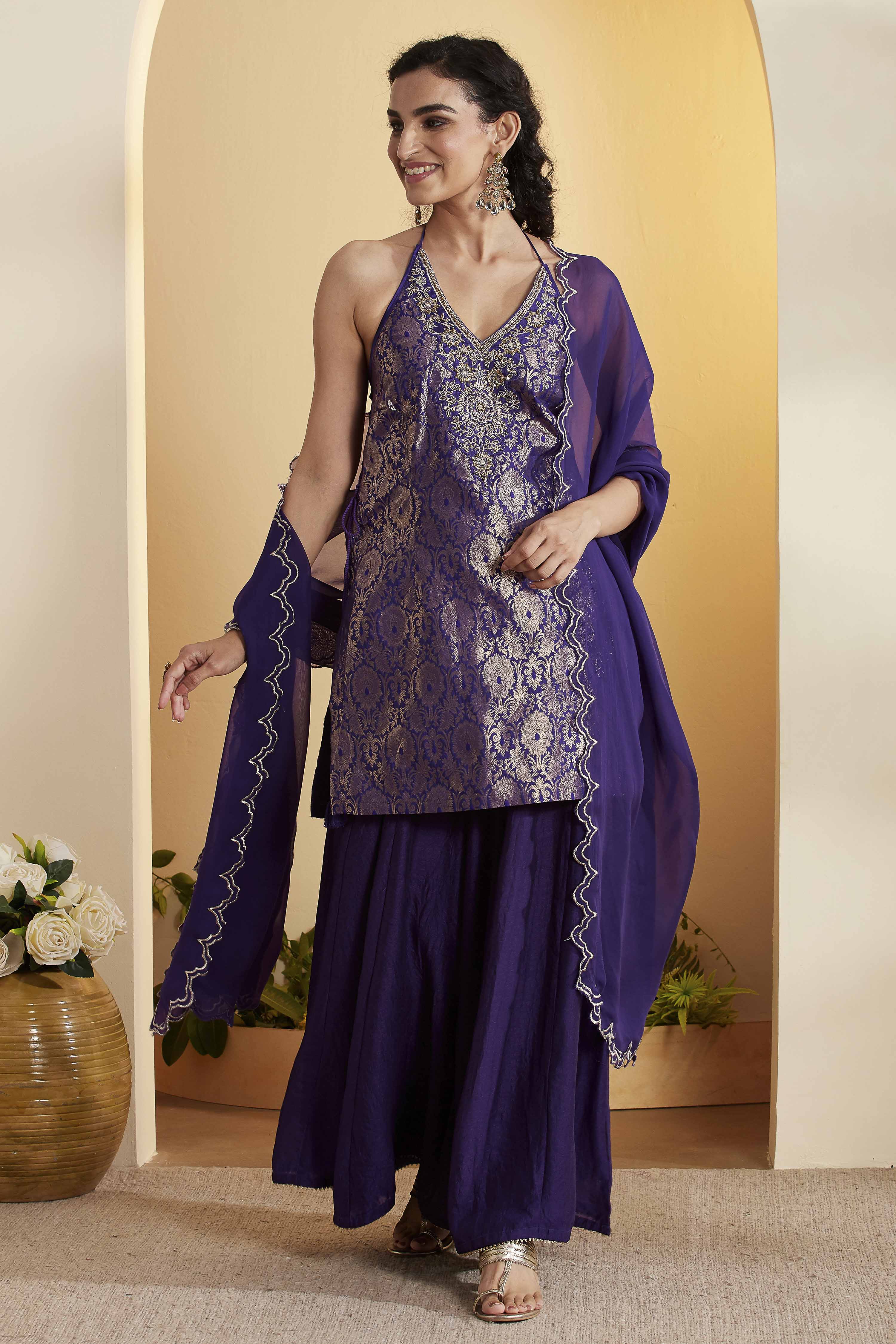 Violet Blue Viscose Rayon Halter Neck Sharara Set image number 6