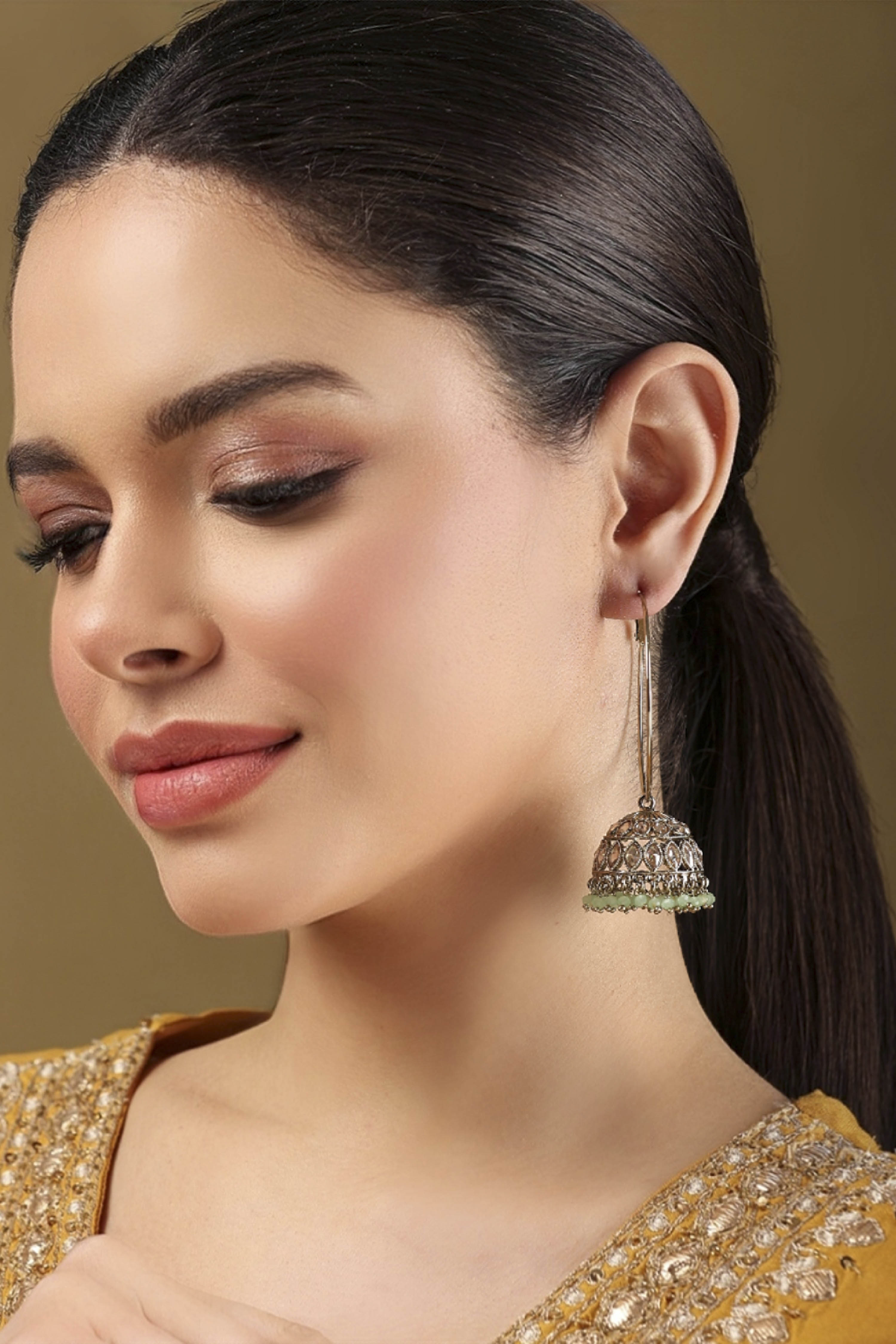 Mint Green Alloy Jhumkas image number 3