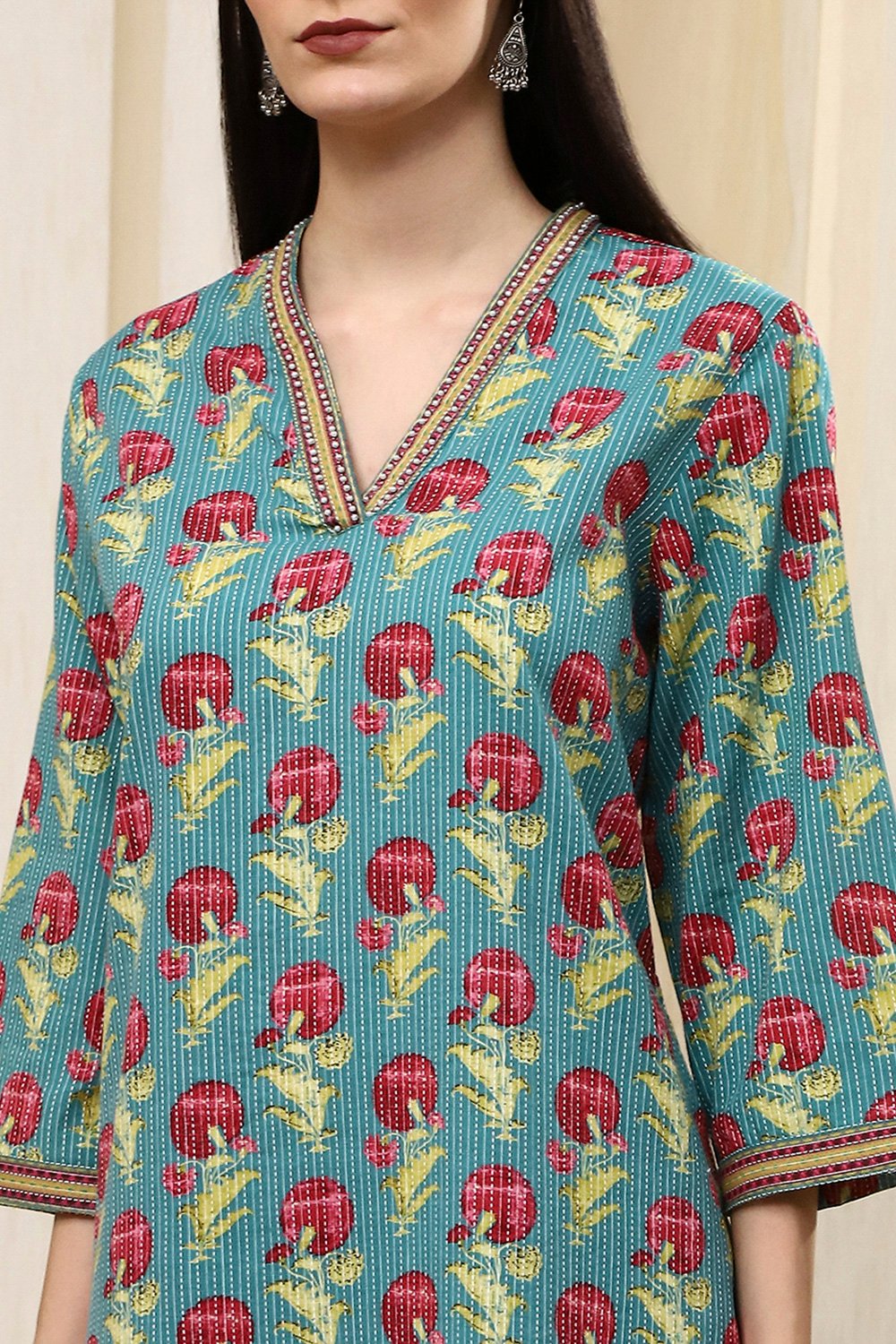Teal Cotton Printed Straight Kurta image number 1