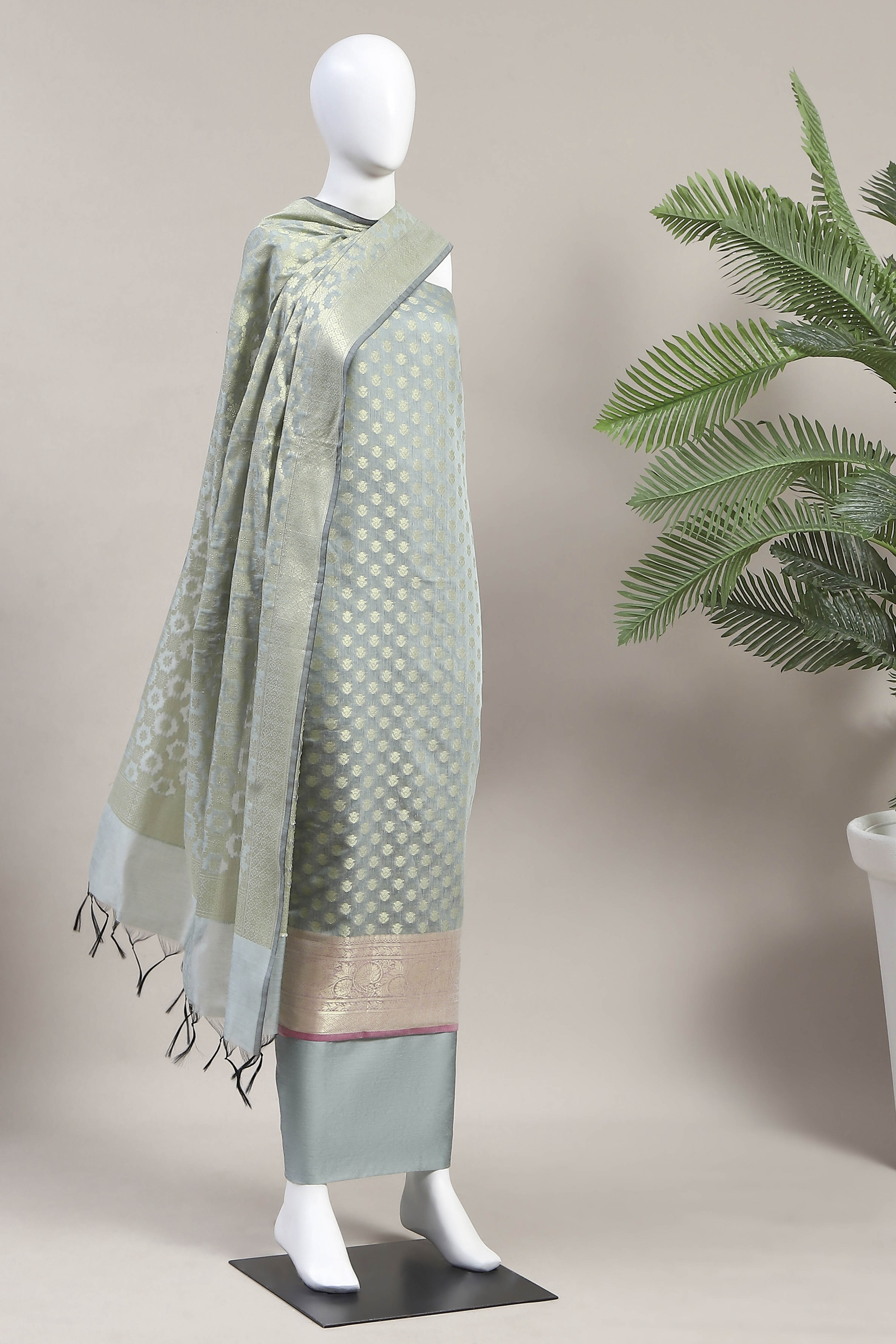 Grey Cotton Printed Embroidered Unstitched Suit Set image number 4