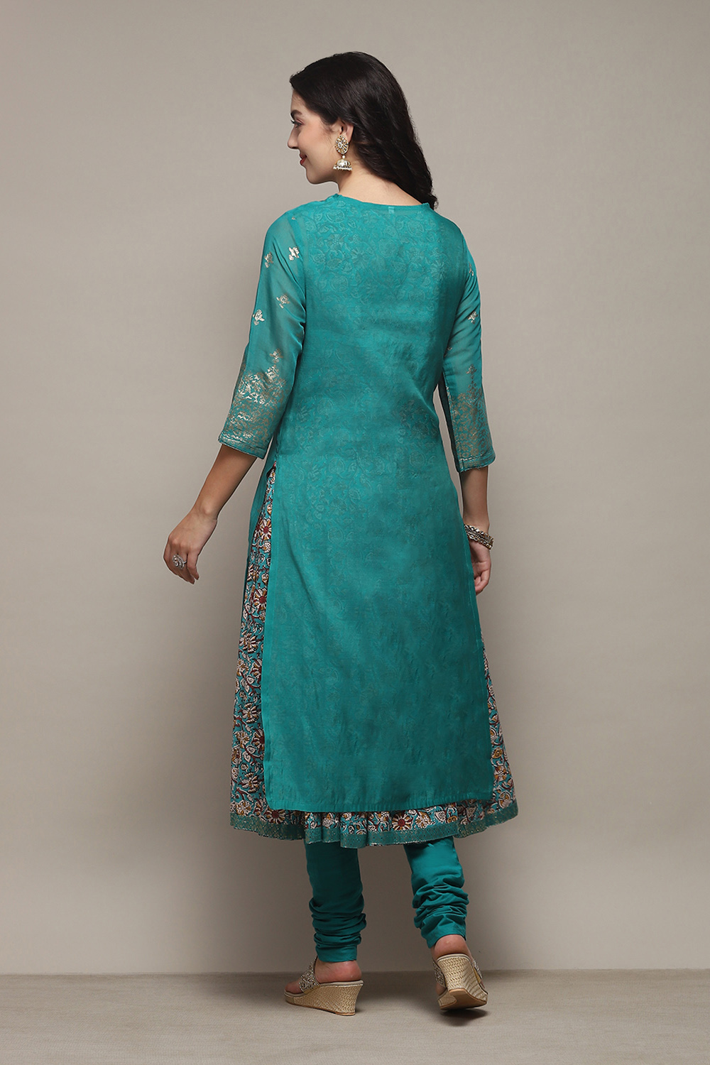 Off White Cotton Layered Printed Kurta Churidar Suit Set image number 5