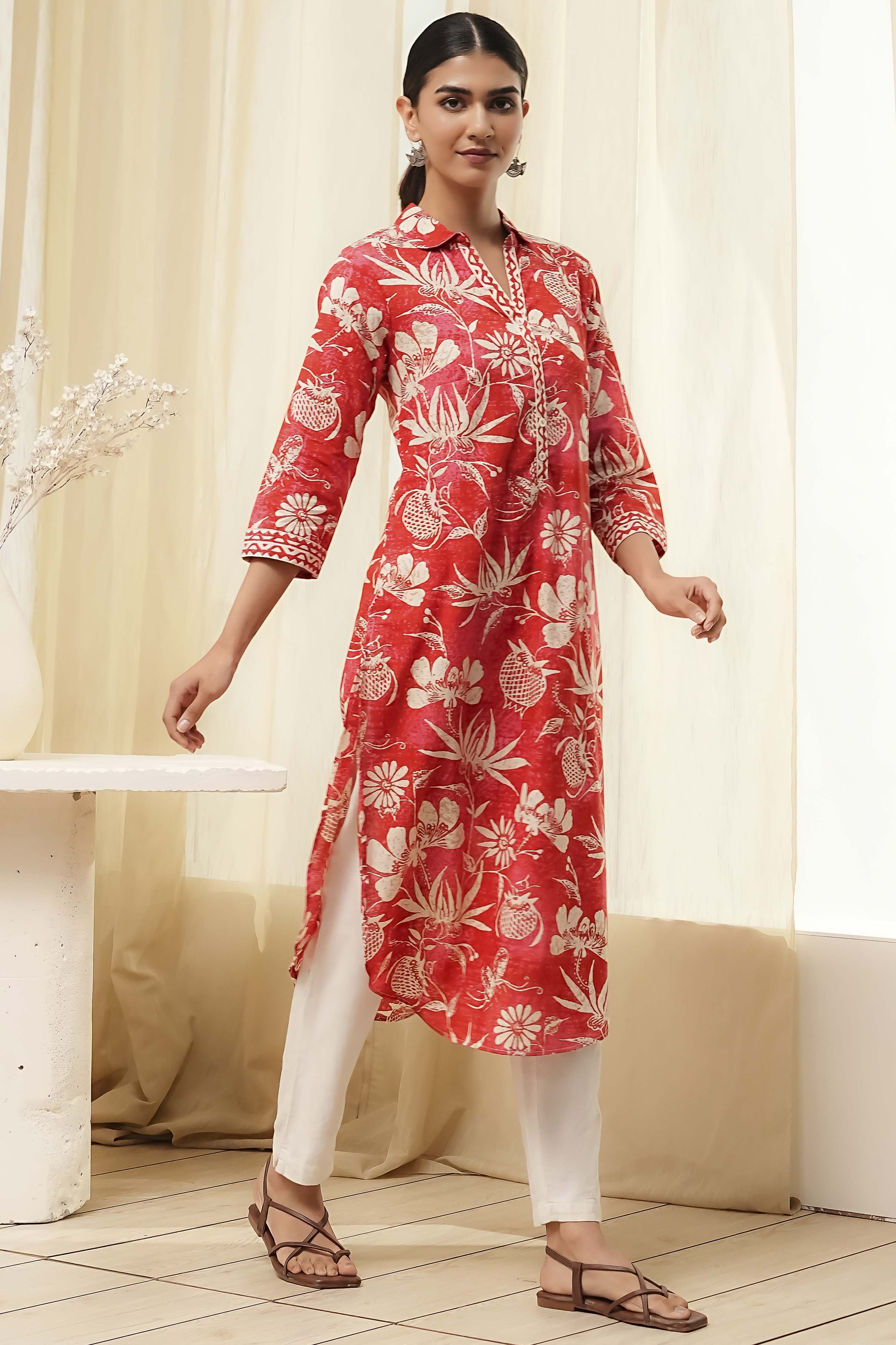 Red Pure Cotton Floral Straight Kurta image number 4