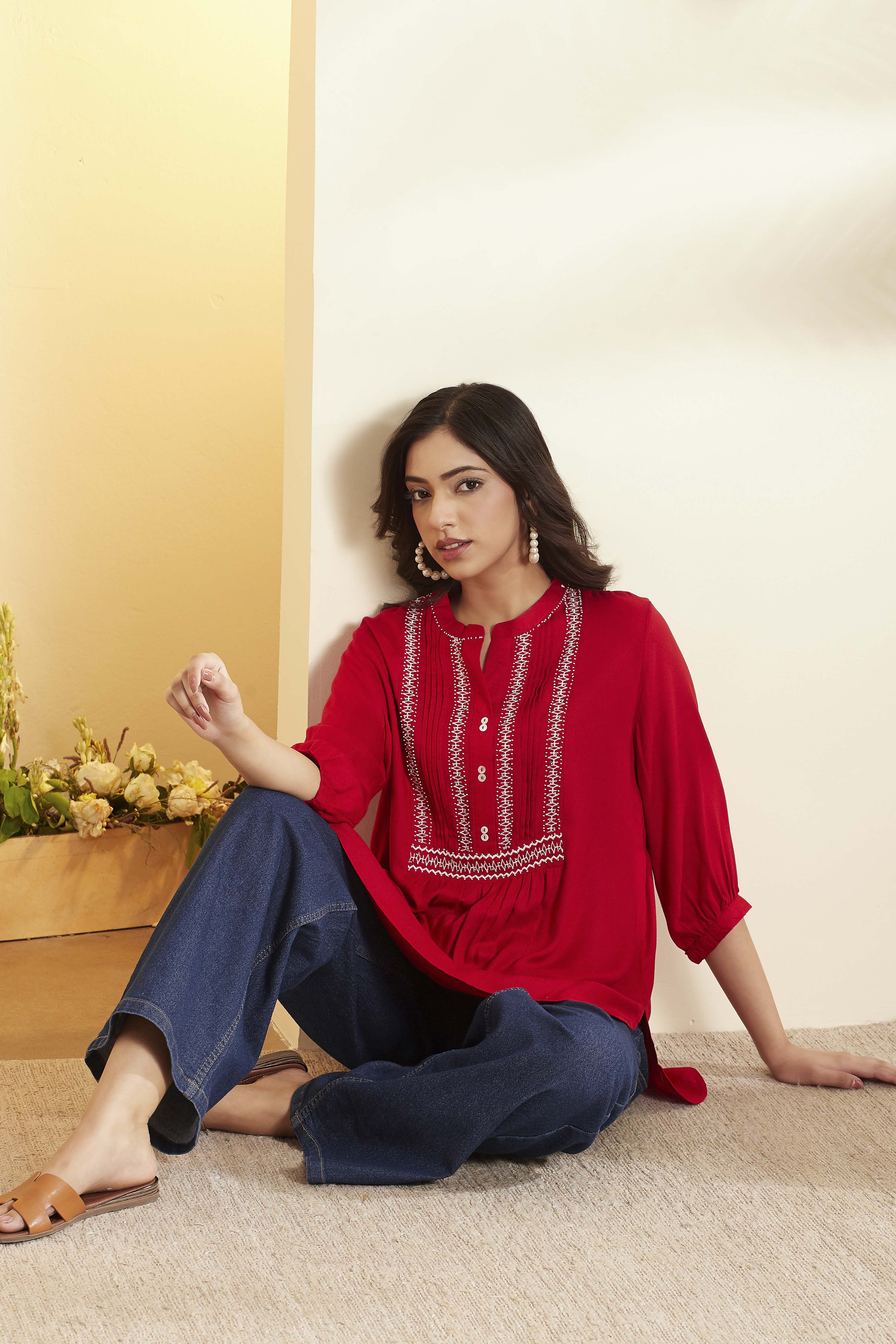 Red Viscose Rayon Embroidered Straight Kurti image number 0