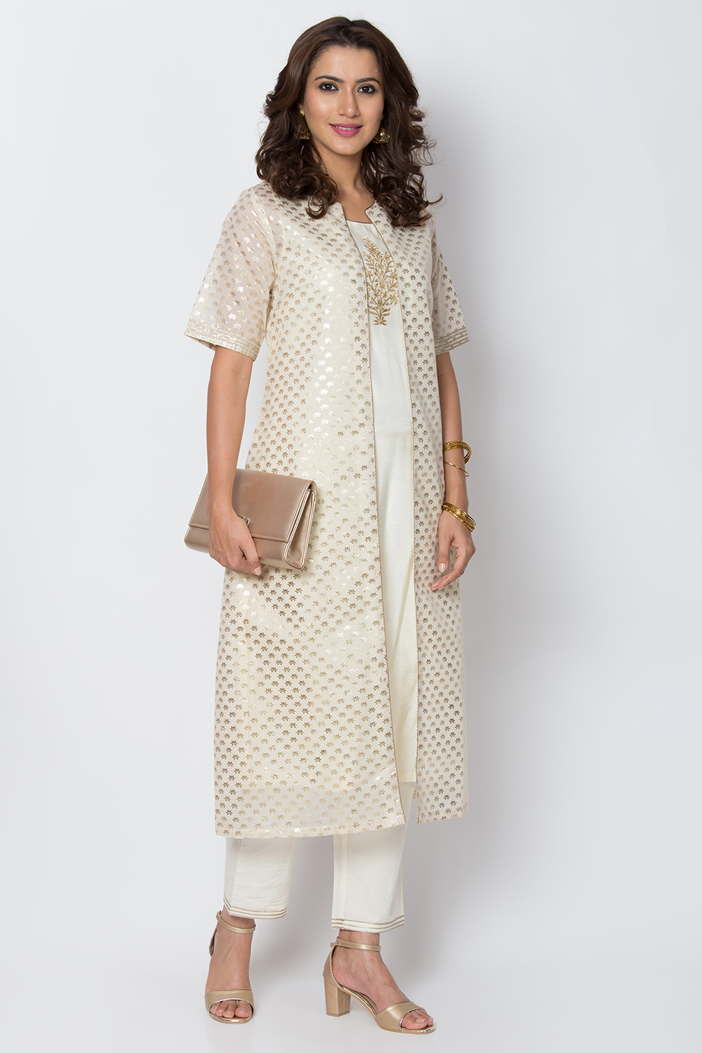 Cream Poly Cotton Front Open Kurta Pant Suit Set image number 4