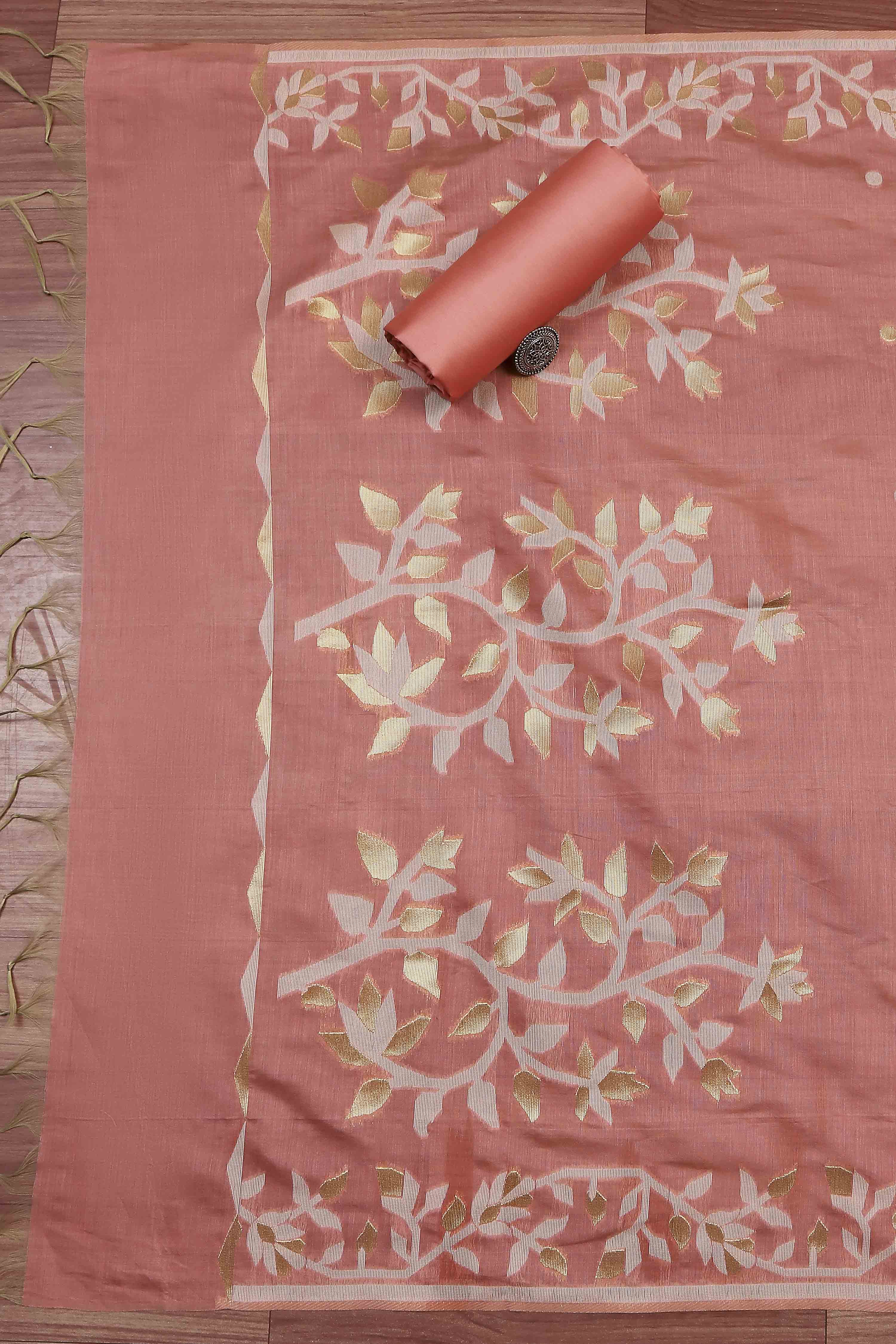 Rust Cotton Jamdani Unstitched Suit Set image number 3