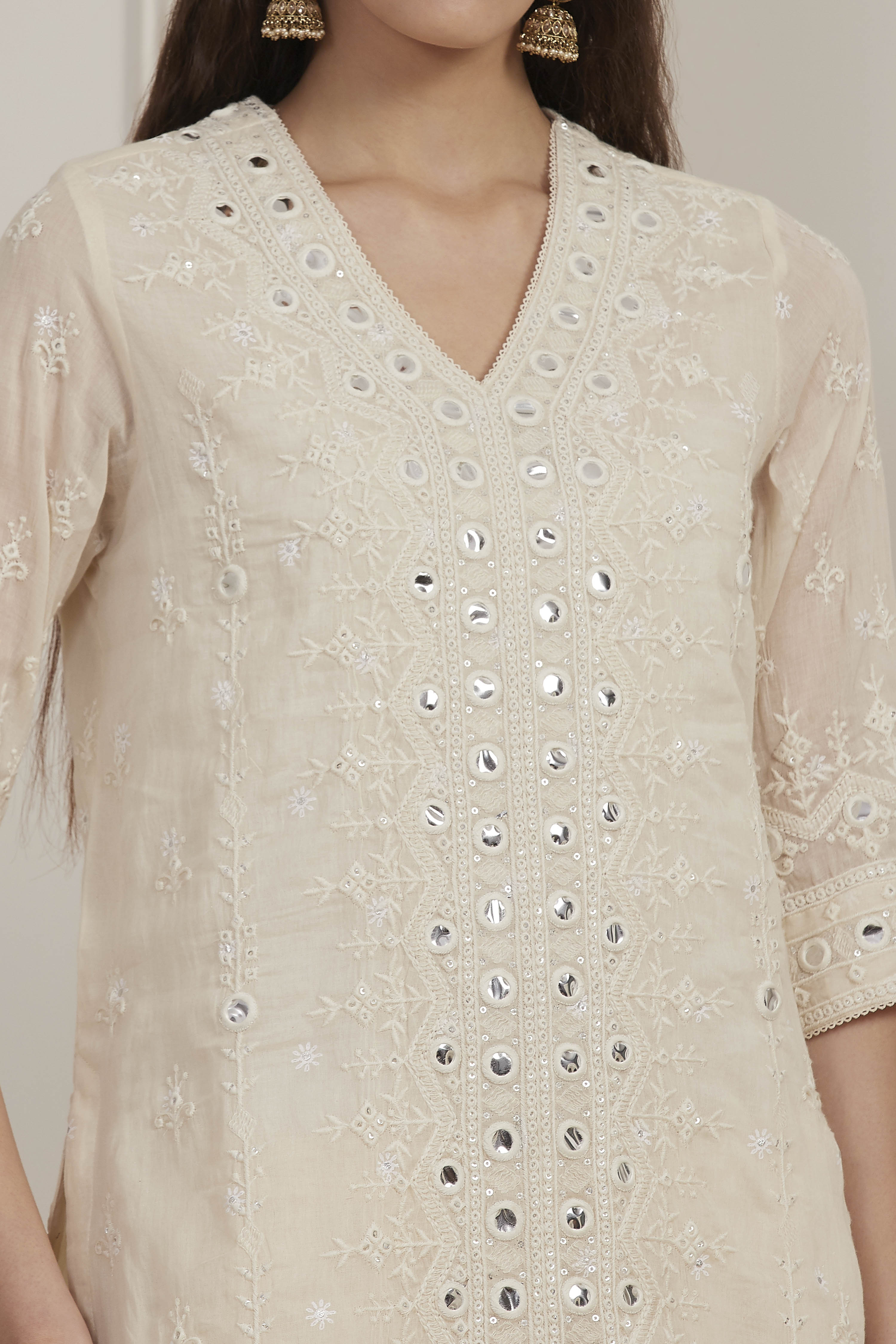 Ecru Cotton Embroidered Straight Sharara Suit Set image number 1