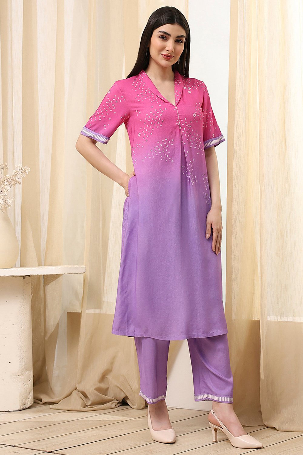 Lilac and Pink Printed Straight Co-ord Set image number 4