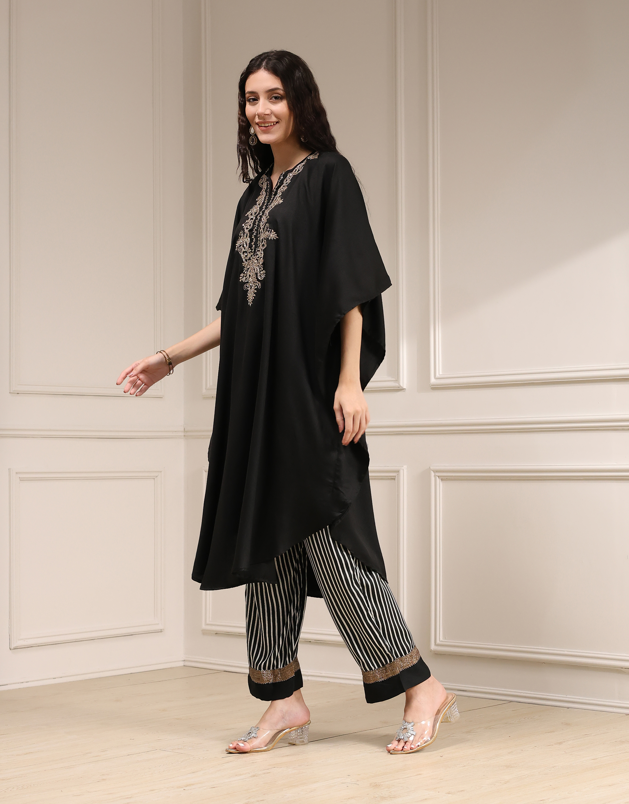 Black Modal Solid Kaftan Fusion Kurta Set image number 1