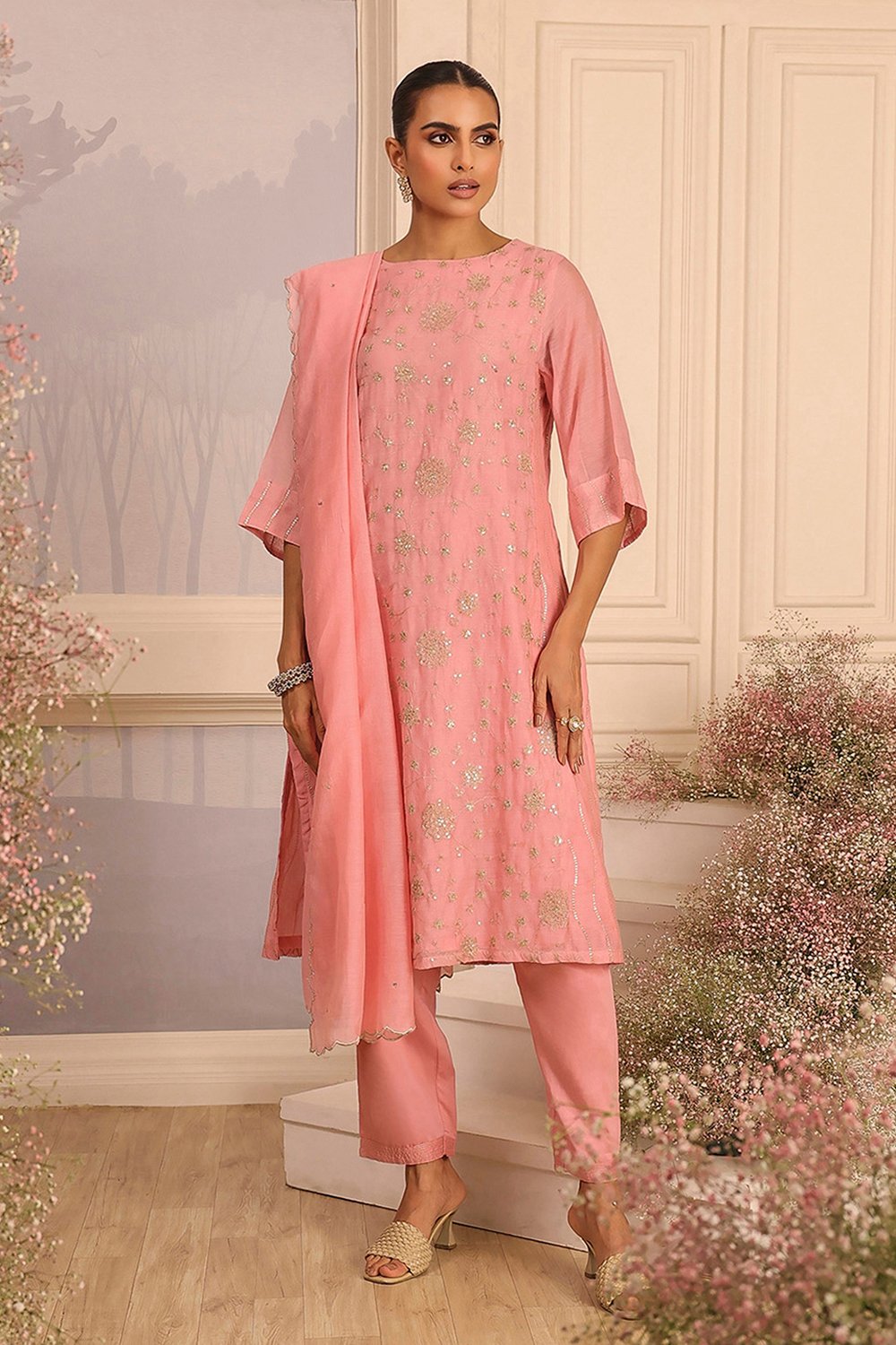 Pink Silk A-Line Embroidered Suit Set image number 0