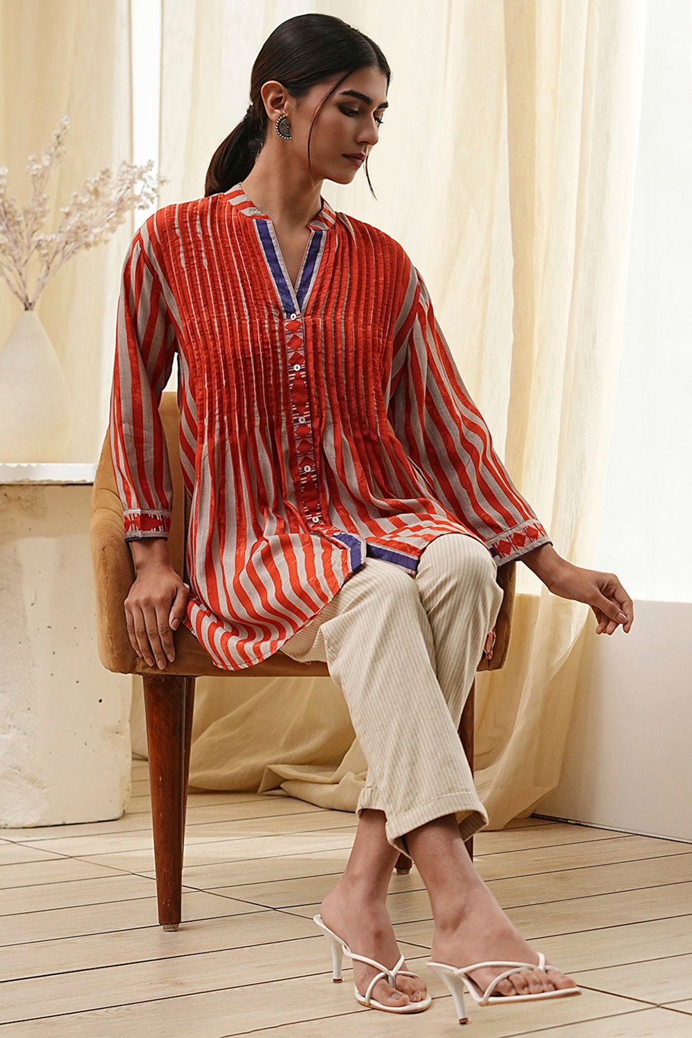Orange Modal Printed Shirt-Style Short Kurta image number 0