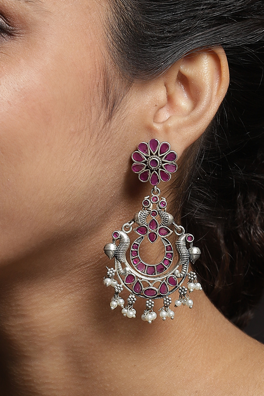 Dark Pink Oxidised Drop Earrings image number 3