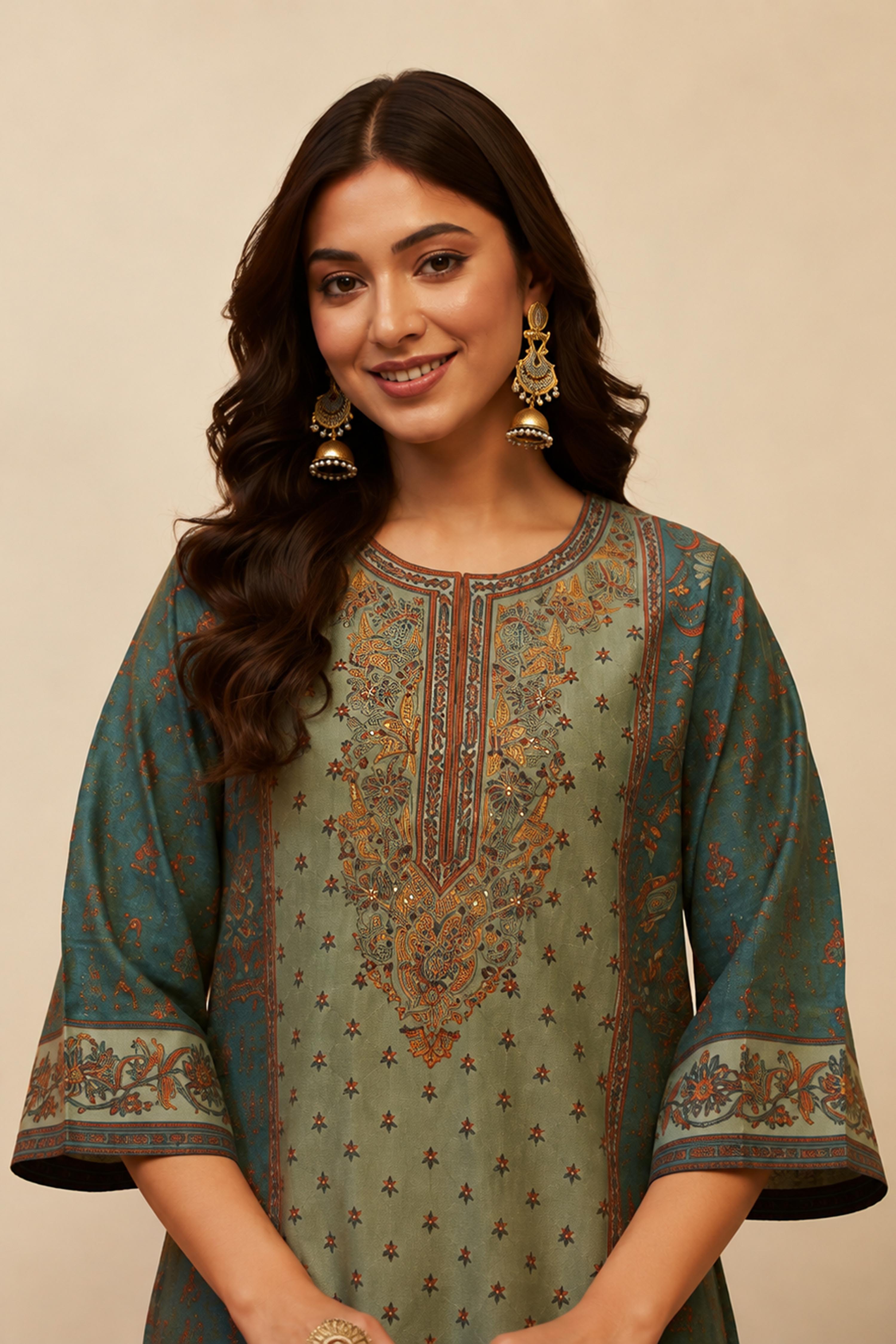 Teal Viscose Blend Printed Straight Kurta Set image number 1