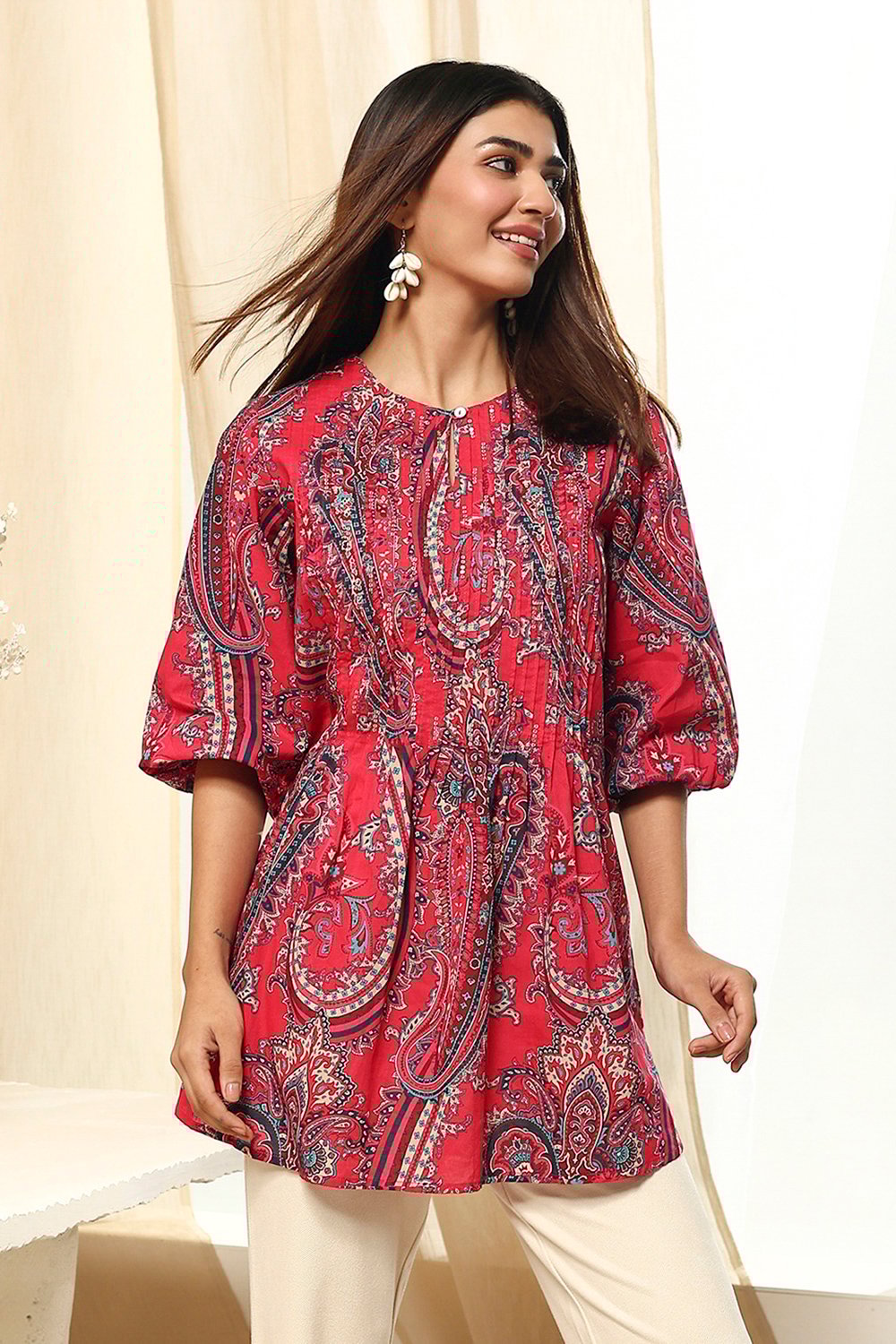 Magenta Cotton Printed A-Line Short Kurta image number 6