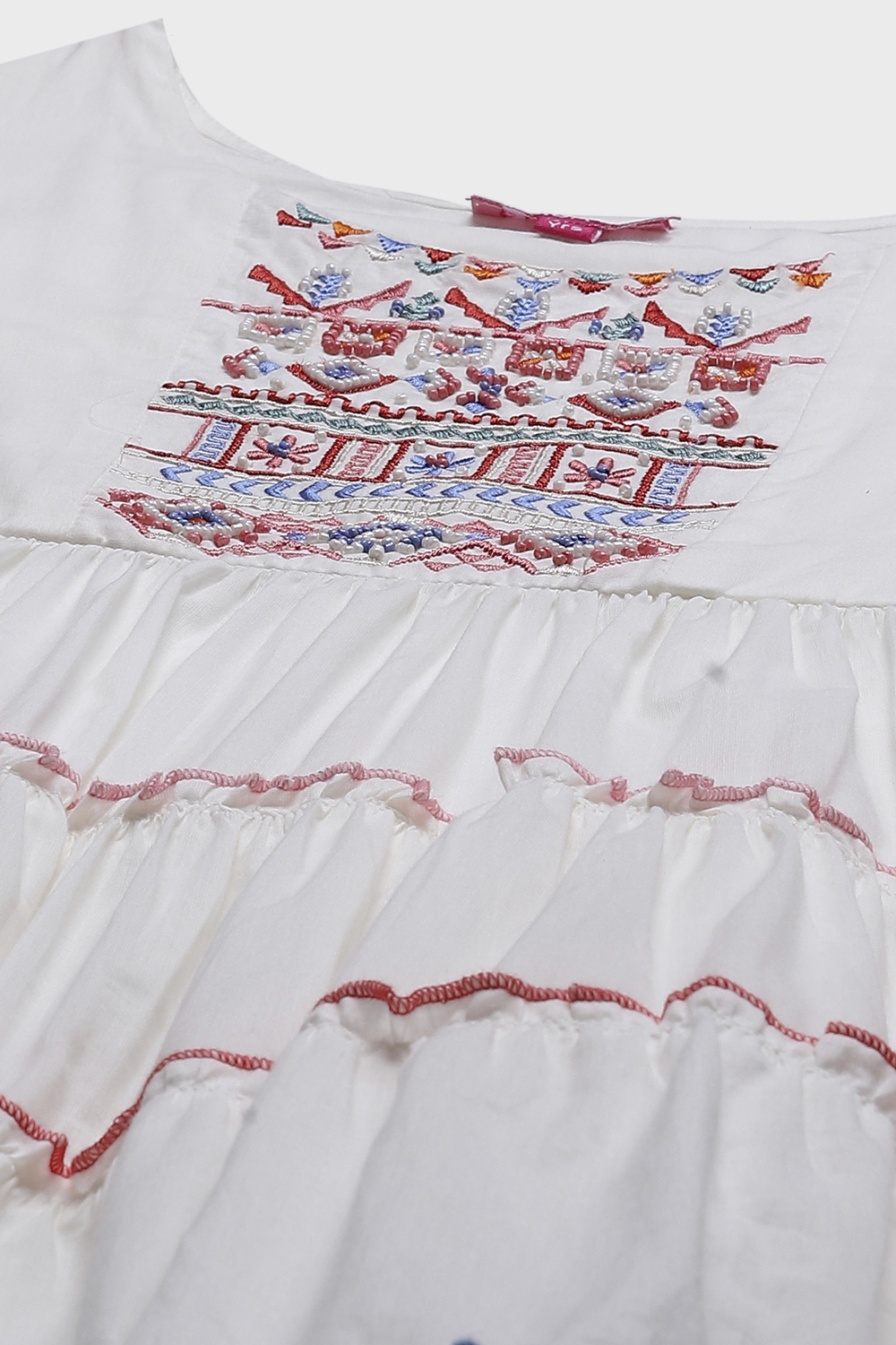 Off White Cotton Girls Tiered Kurta Churidar Suit Set image number 1