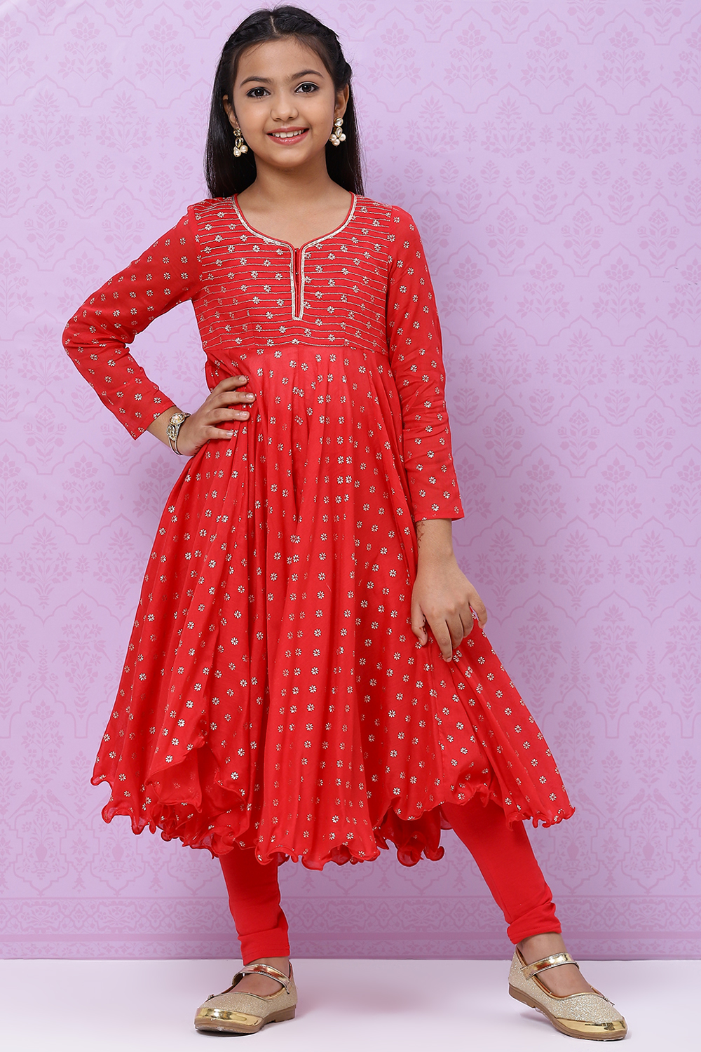 Red Cotton Girls Anarkali Kurta Churidar Suit Set image number 5