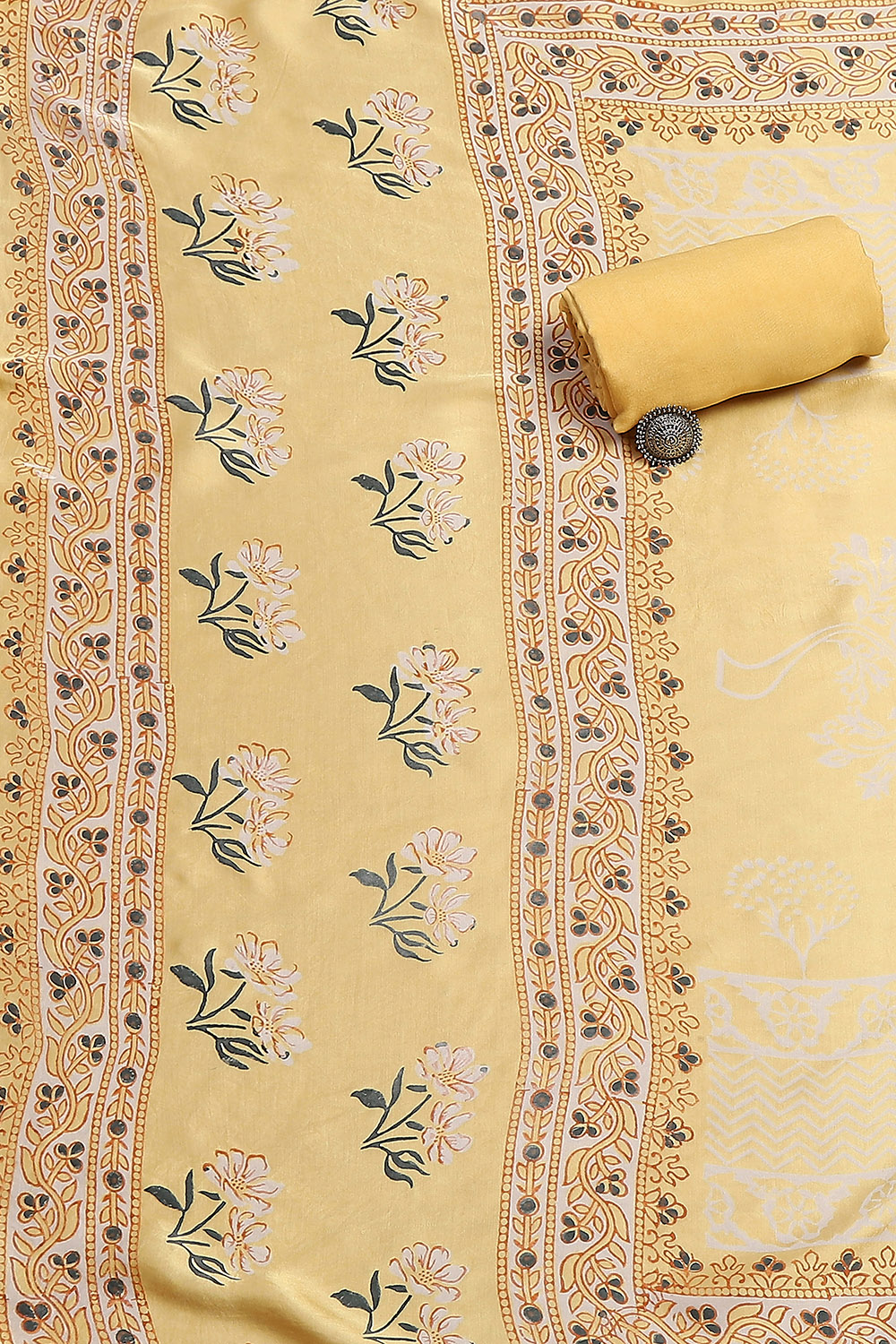 Cream-Colored Modal Screen Print Unstitched Suit Set image number 2