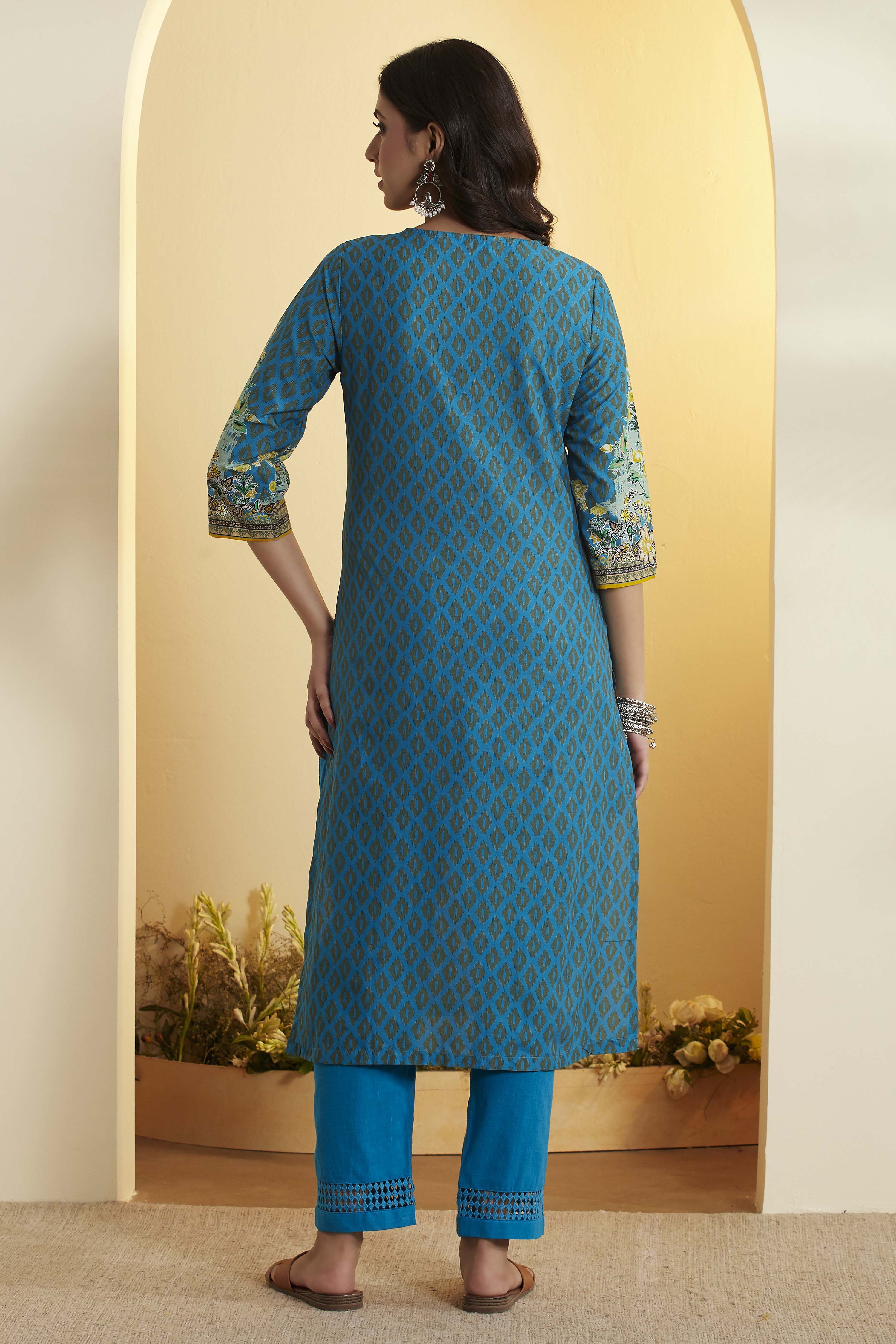 Turquoise Cotton Straight Printed Kurta Ankle Length Suit Set image number 5