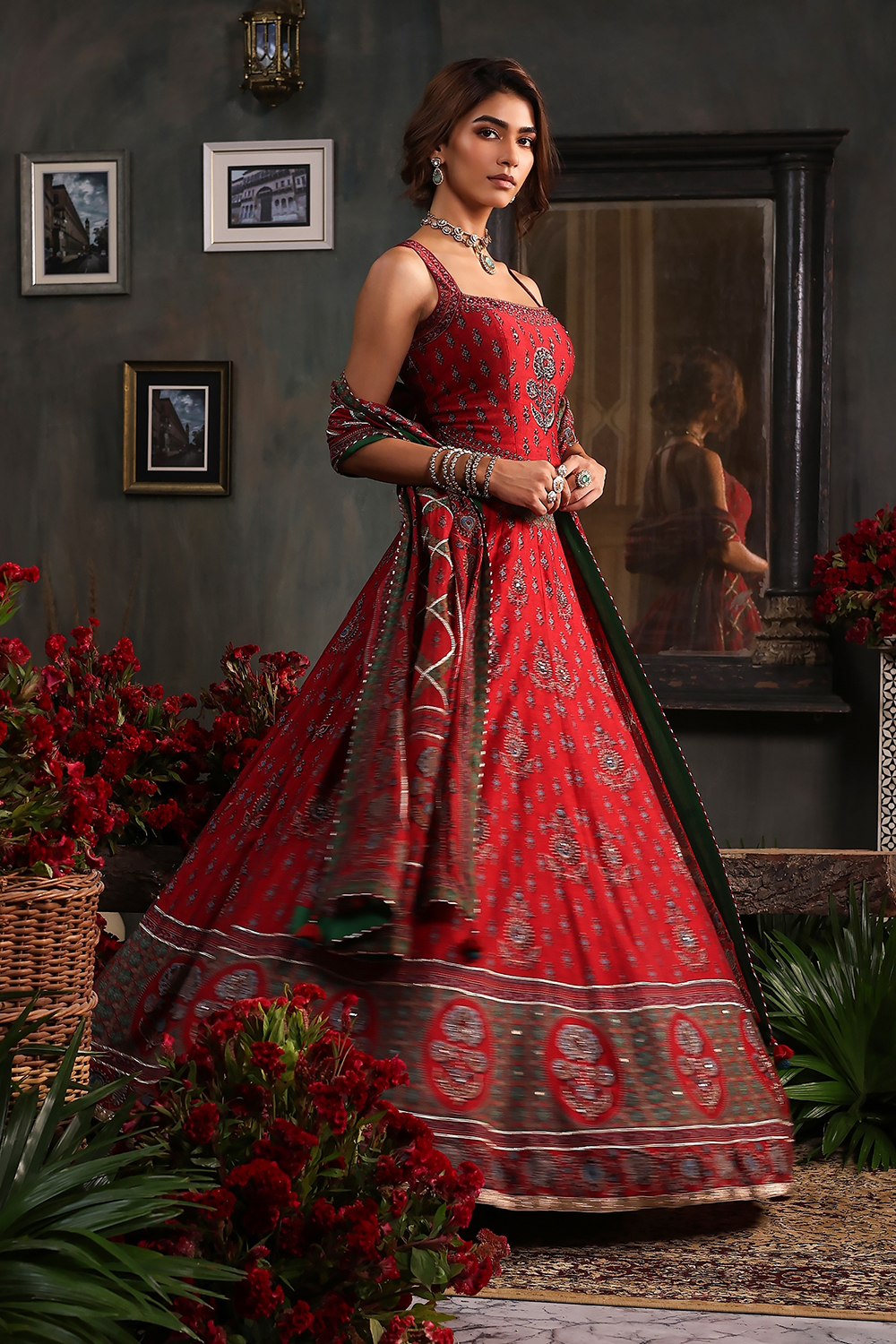 Red Chanderi Fitted Printed Lehenga Set image number 0
