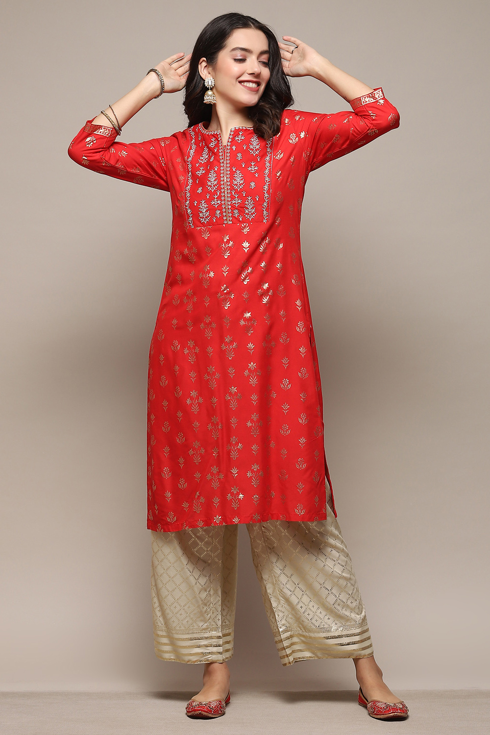 Navy Blue Rayon flax Straight Kurta Palazzo Suit Set image number 0