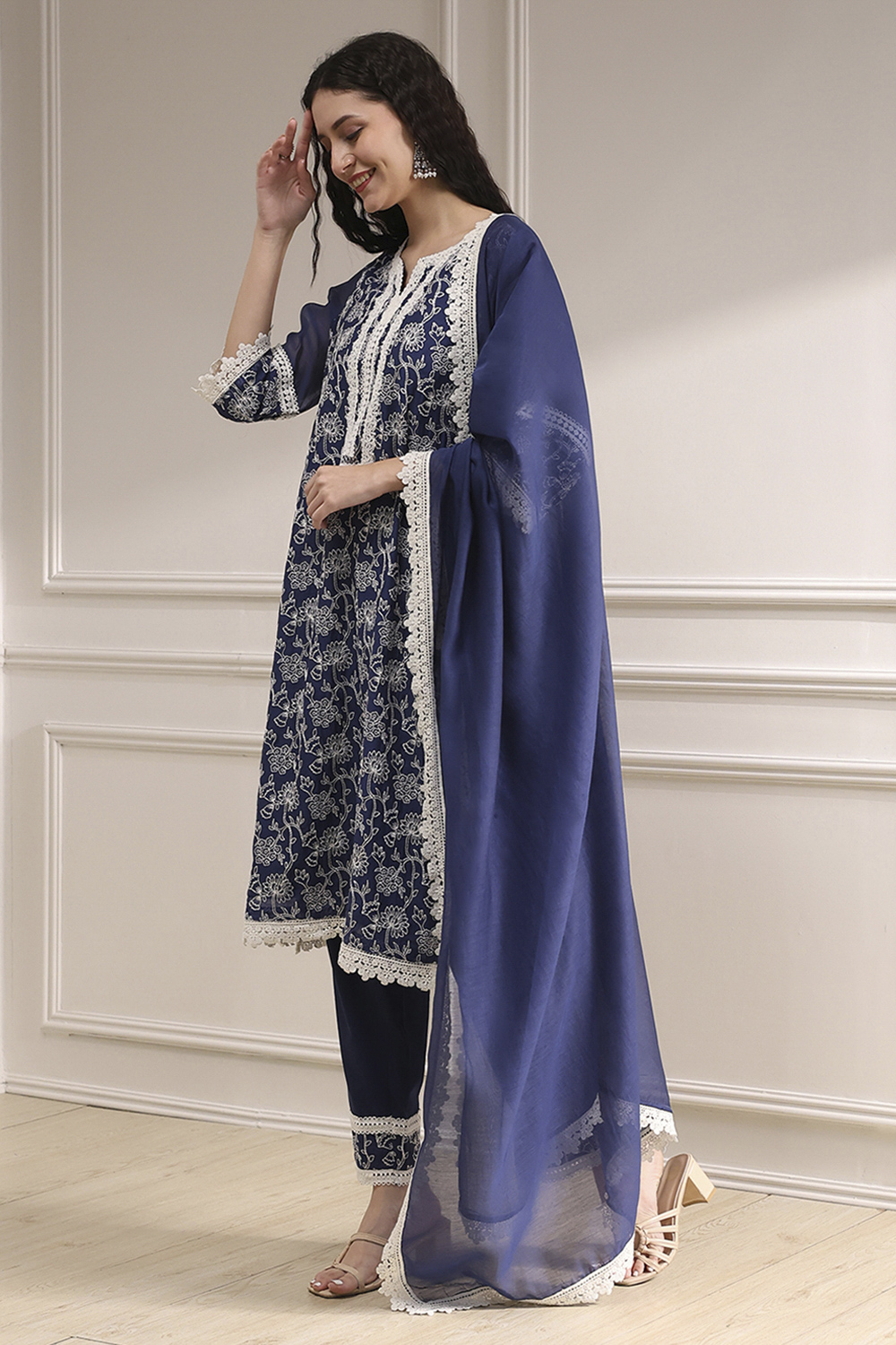 Blue Chanderi Embroidered Straight Suit Set image number 1