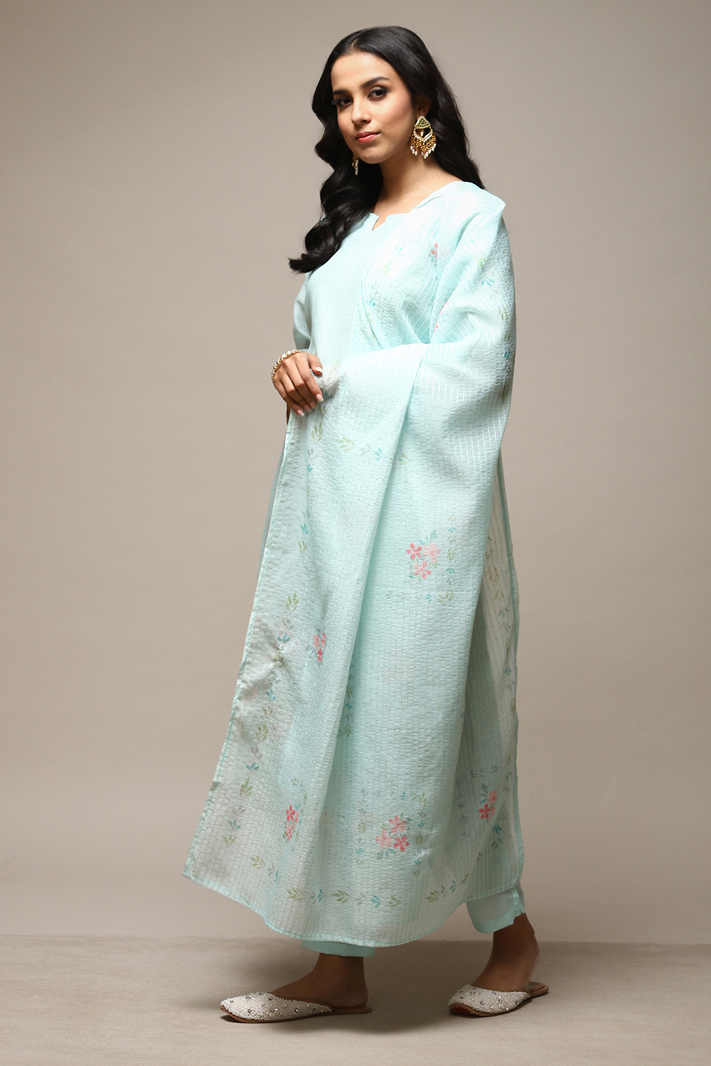 Turquoise Linen Digital Print Unstitched Suit Set image number 6