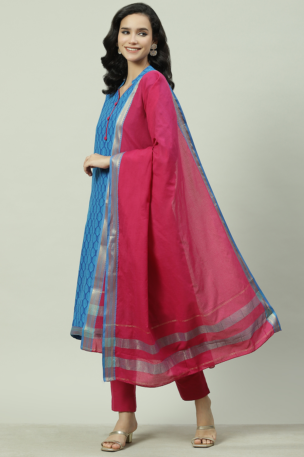 Blue Cotton Unstitched Suit Set image number 5